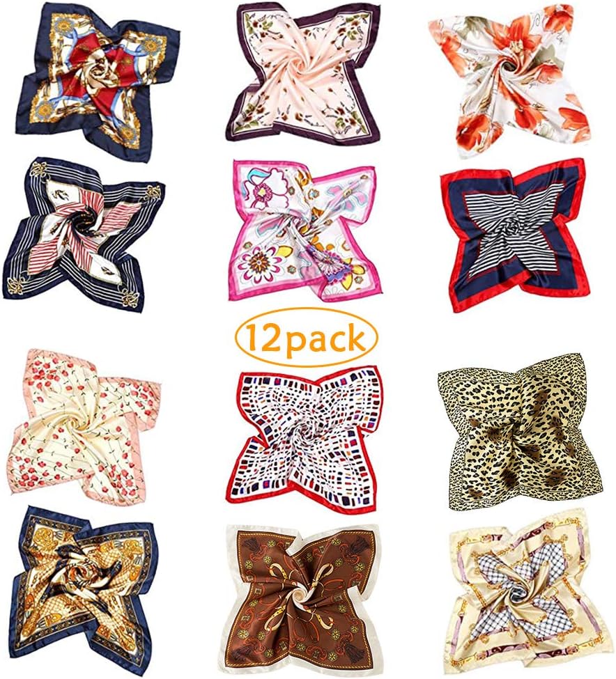 Silk Square Scarf - 12 Mixed Neck Scarfs for Women, Ladies Scarves/Neckerchief/Bandanas/Hair Scarf/Headscarf Set, Female Silk Satin Head Wrap Handkerchiefs(50x50cm)