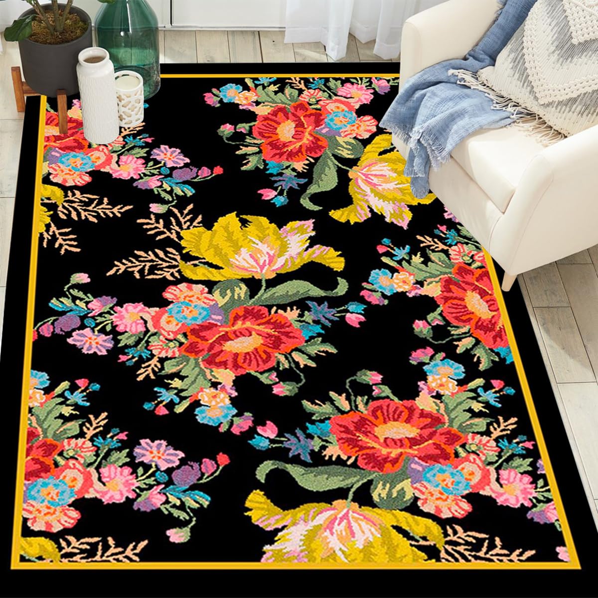 Black Yellow Red Flowers Printed Retro Floral Area Rug 2x3 Non-Shedding Country Rustic Rug for Livingroom Bedroom Diningroom Farmhouse Office Floor