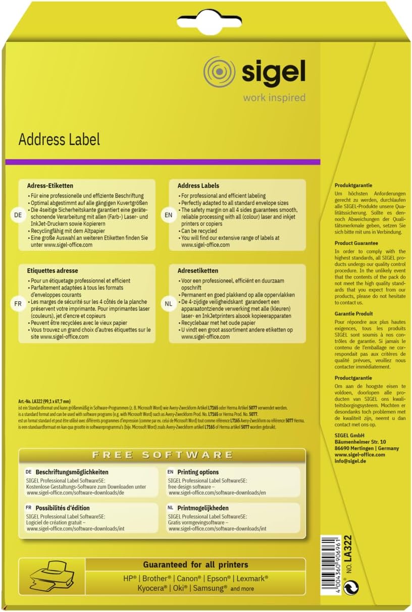 Sigel LA322 Universal Address Labels, 9.91 X 6.77 Cm, 200 Lbl = 25 Sheets, White