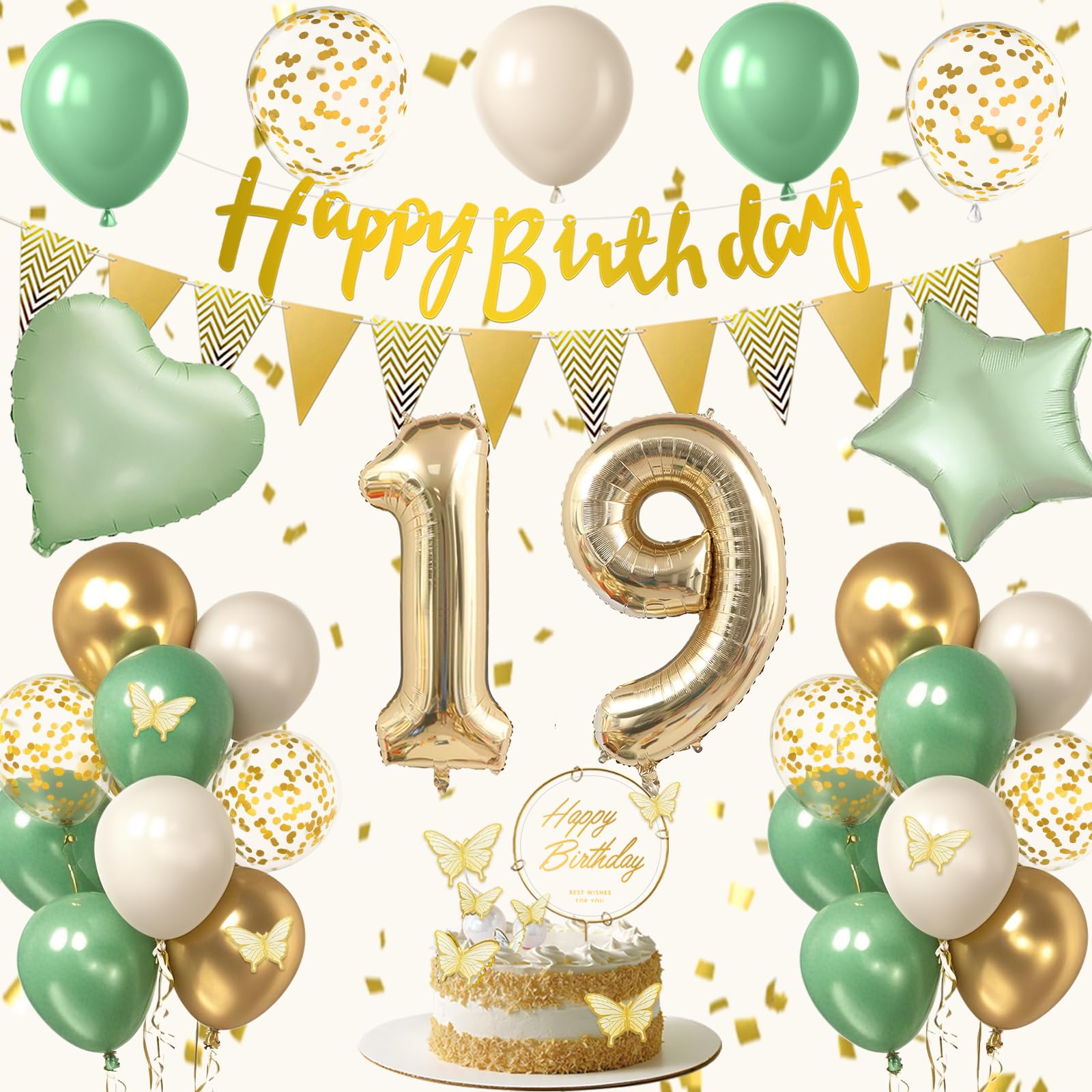 19th Sage Green Birthday Decorations, Boho Green White Gold Balloons Decorations for Girls, Happy 19 Birthday Party Supplies with Happy Birthday