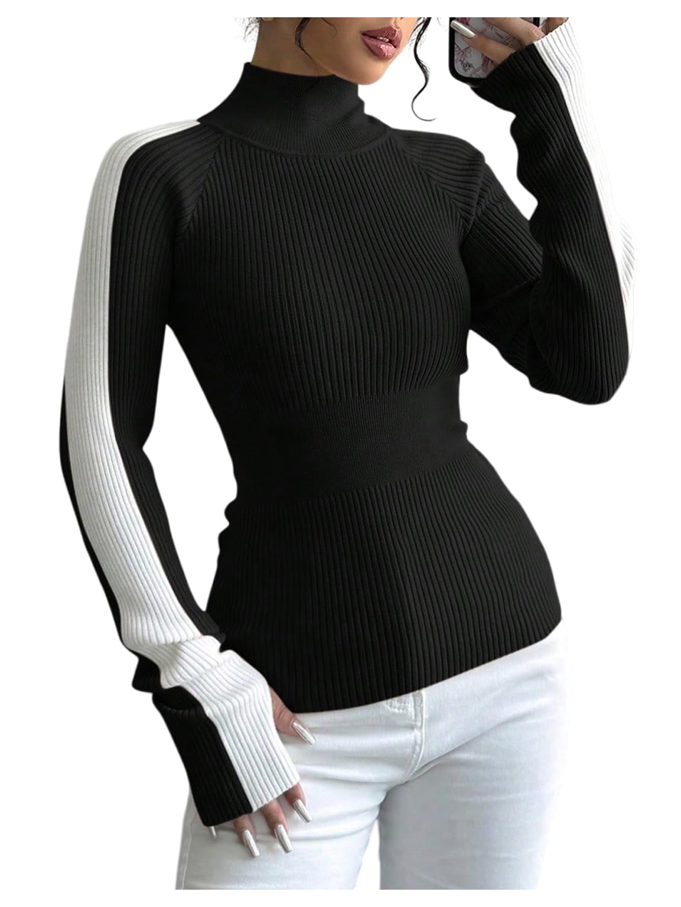 Verdusa Womens Striped Sweater Ribbed Knit Color Block Sweater High Neck Long Sleeve Fitted Pullovers