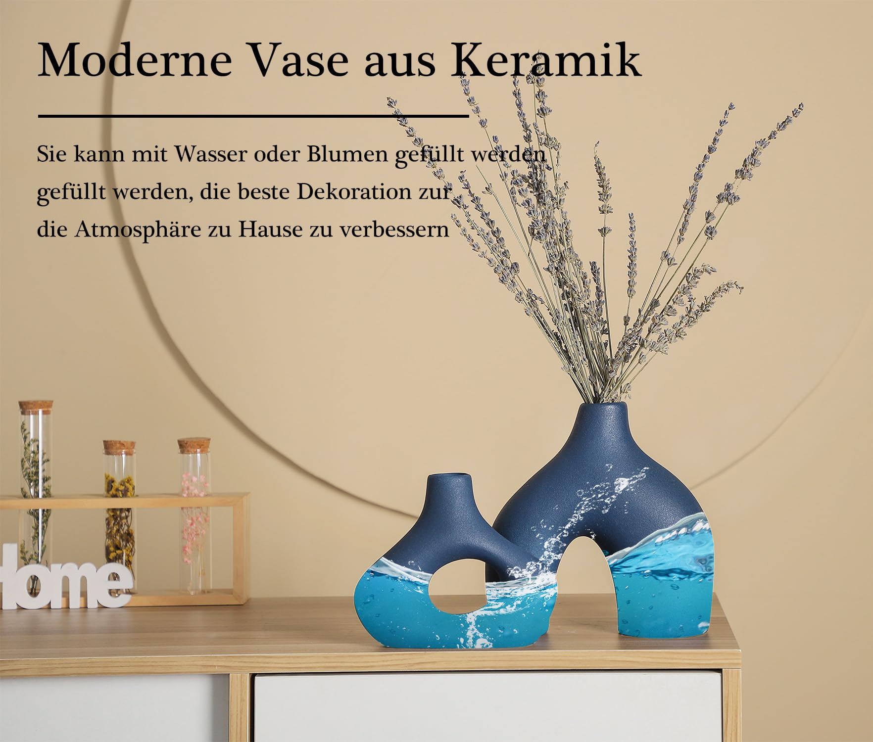 Sawoake Set di 2 vasi in ceramica blu per decorazioni moderne per la casa, rotondi, opachi, per erba della pampa, in stile minimalismo, per soggiorno, matrimonio