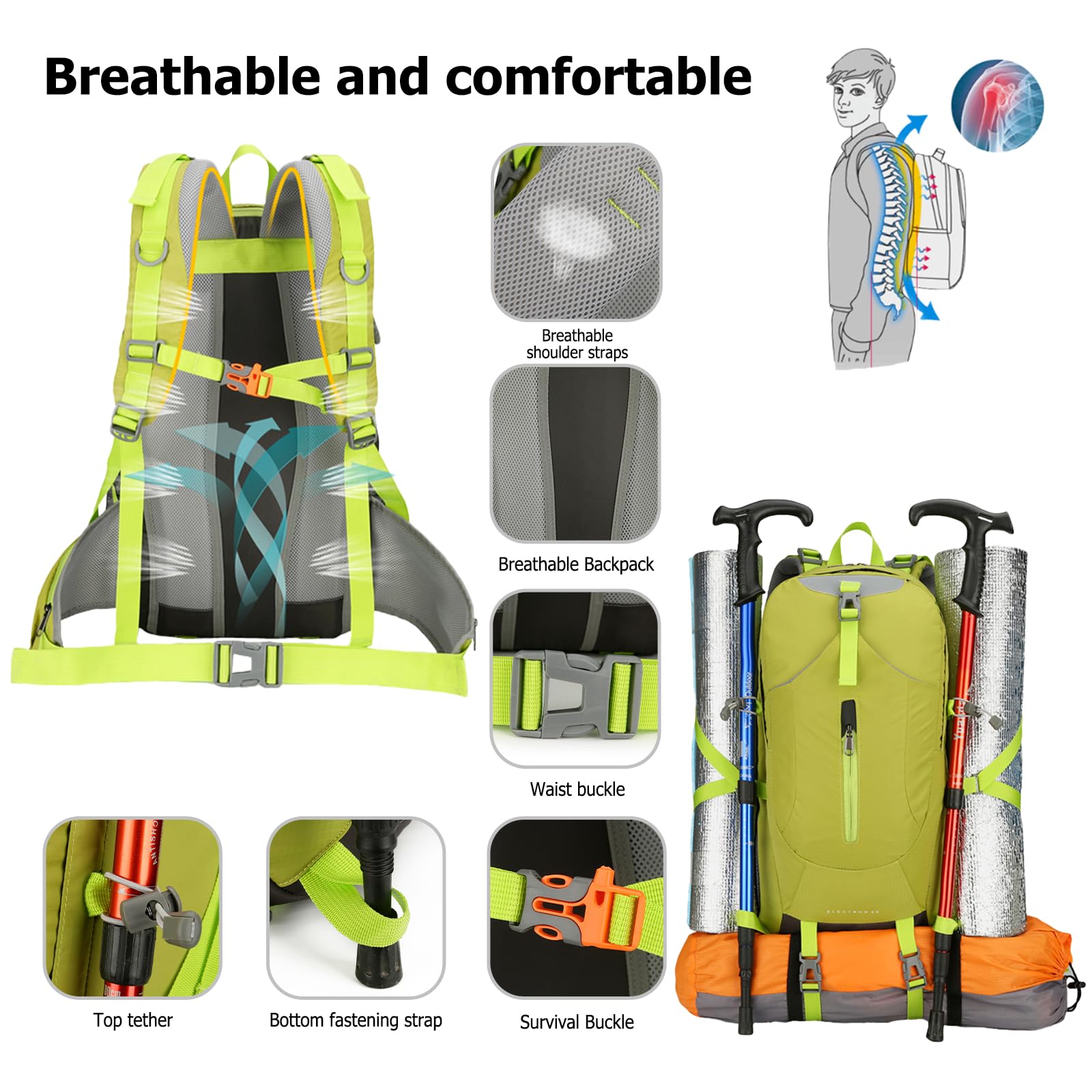 Zaino da trekking impermeabile da 40 litri, resistente, leggero, riflettente, per donne, uomini, trekking, campeggio, passeggiate, arrampicata, viaggi, sport all'aria aperta