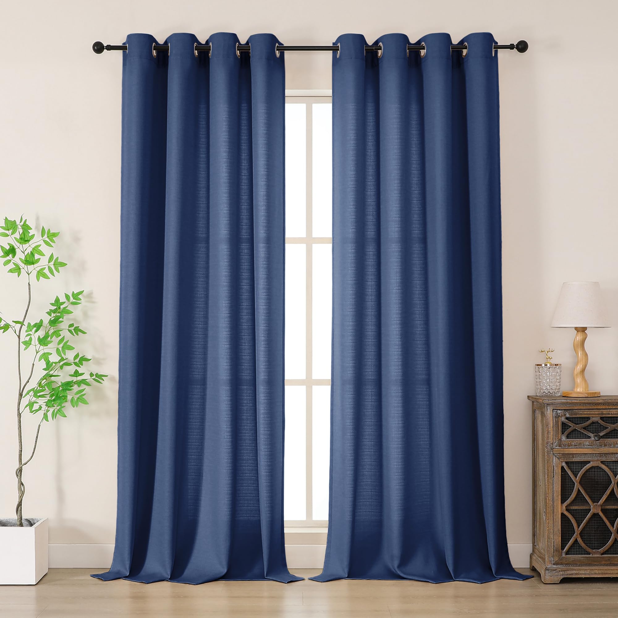 Simplebrand Blue Faux Linen Texture Curtains for Bedroom 2 Panel Set 220 CM Drop, Soft Elegent Home Decor Curtain for Living Room, Sun Blocking Room Darkening Thermal Eyelet Style, W140 x H 245 CM