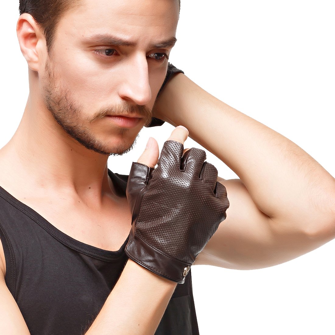 Nappaglo Men's Fingerless Gloves Imported Lambskin Leather Mesh Half Finger Driving Cycling Outdoor Unlined Gloves (S (Palm Girth:up to 8