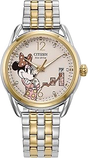 CITIZEN Ladies Eco-Drive Disney Minnie Empowered Two Tone Stainless Steel Watch with Crystal Accents, White Dial,3 Hand (Model: FE6084-70W)