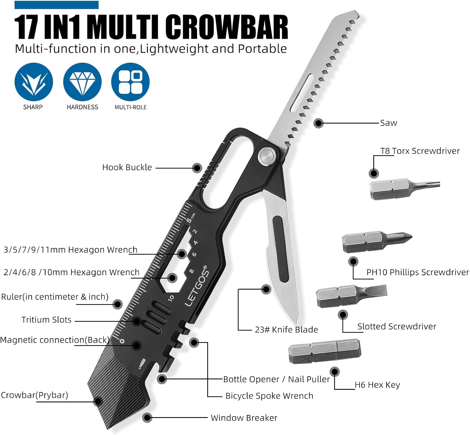 17 in 1 Multi Titanium Alloy Pocket Tool Portable Folding EDC with Carry-on Pry bar, Lightweight EDC Tool with Storage Bag, Camping Survival Gadget, Gift for Men (Deep Black)
