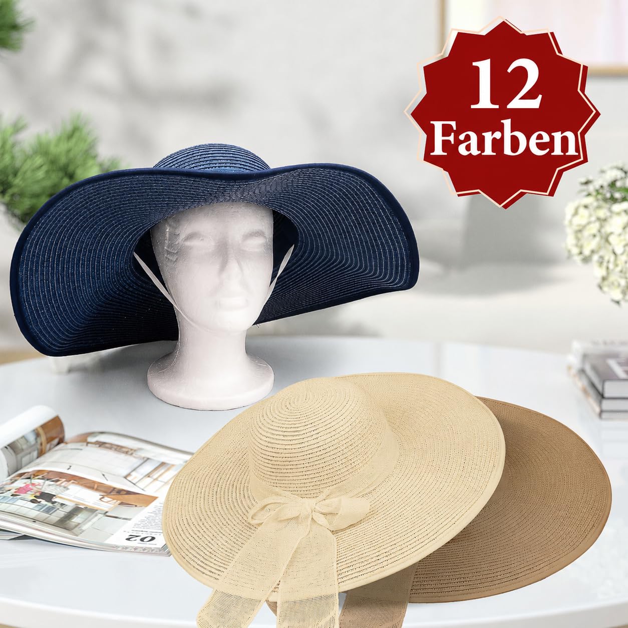 Set di 12 cappelli di paglia da donna estivi con fiocco, cappello da sole pieghevole, larghezza tesa UPF 50+, cappello da spiaggia arrotolabile, protezione UV per vacanze, feste, JGA, viaggi e
