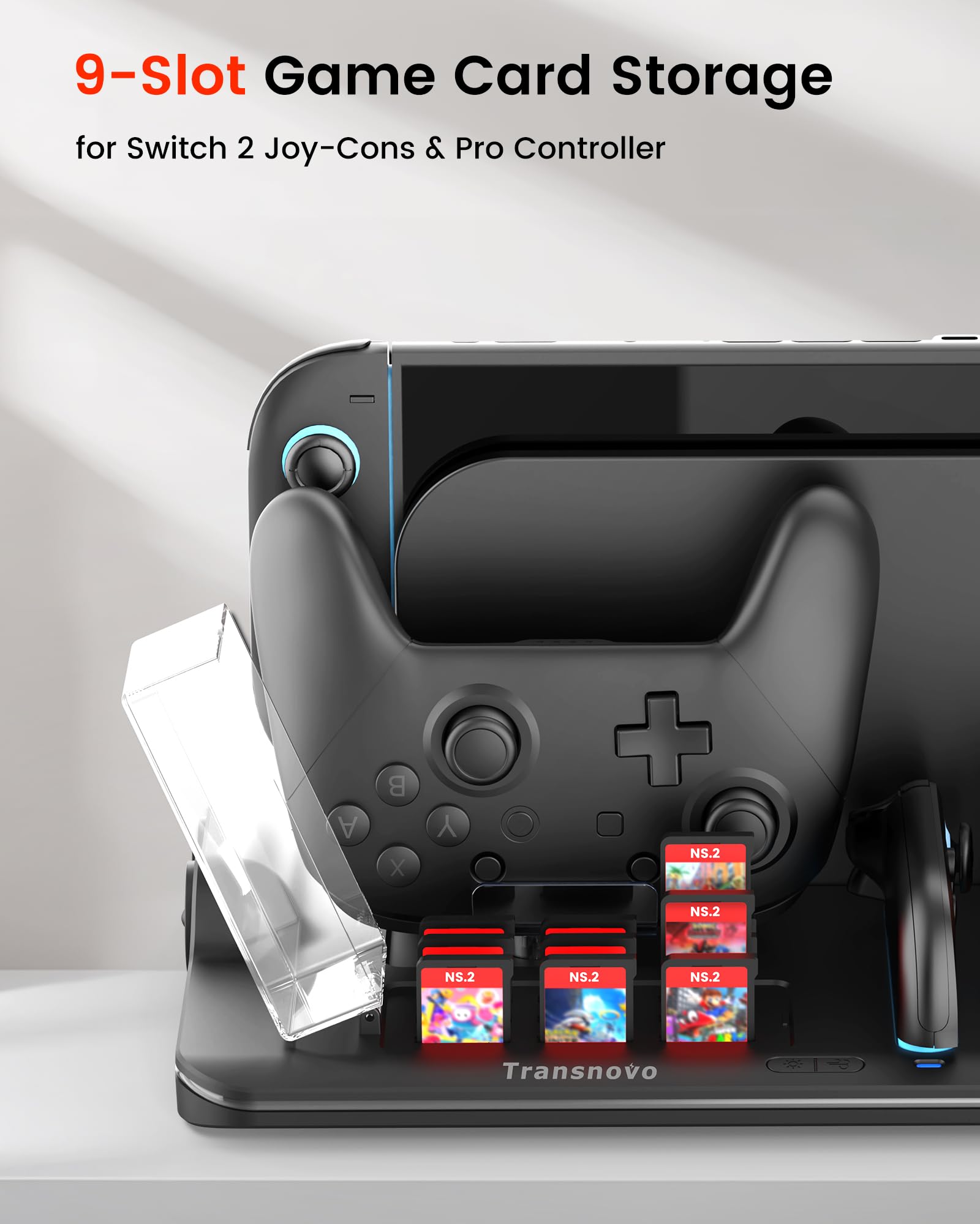Transnovo Base de Carga para Switch 2 Consola Accesorios, Joycon & Mando Pro, Cargador Mando Switch 2 con Ventiladores, 9 Ranuras para Cartas, LED & 9 Modos RGB, Protección Inteligente