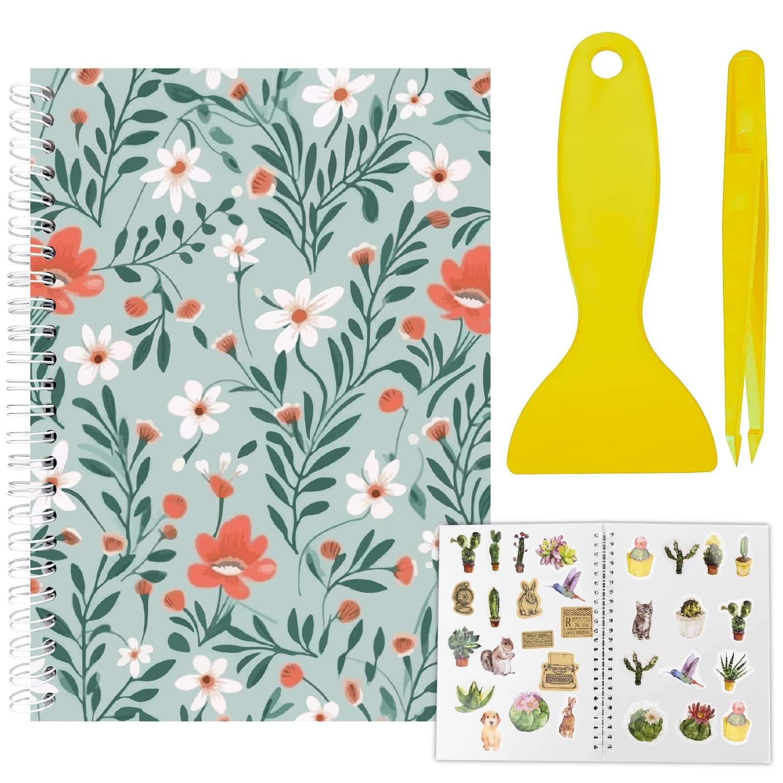 CRASPIRE Reusable Sticker Book Sticker Flower Plant Collecting Book Album A5 Size 40 Sheets Reusable Sticker Organizer Storage Book Sticker Book with Tweezer and Spatula