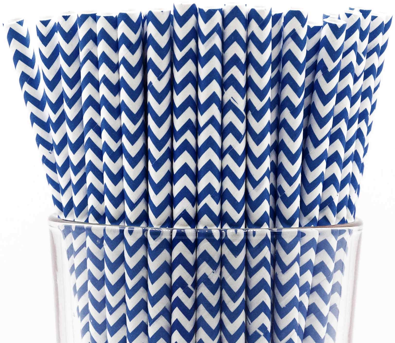 Pack of 300 Navy Blue Chevron Biodegradable 4-Ply Paper Drinking Straws (Compostable, Non-toxic, BPA-free)