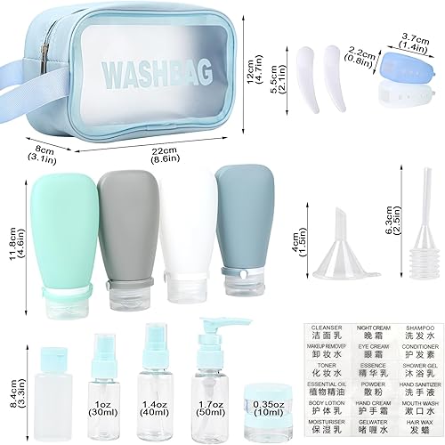 Miniatura 4 de Juego de 18 botellas de viaje para artículos de tocador aprobados por la TSA, botellas de viaje a prueba de fugas, juego de bolsa de aseo de viaje