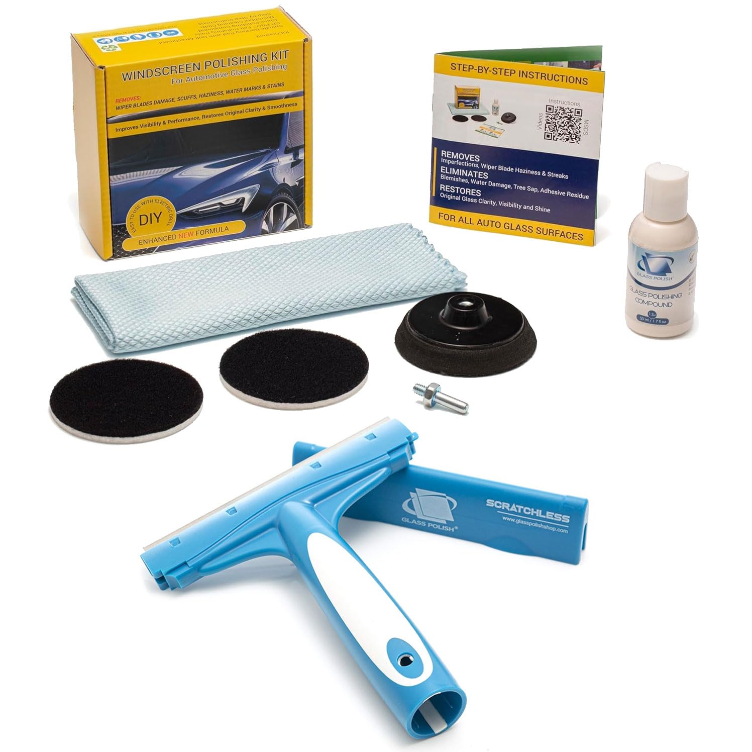 GLASS POLISH DIY Windshield Restoration & Scraper Bundle – Set of 3” Windshield Polishing Kit and Professional 6” SCRATCHLESS Glass Scraper for Windows, Tiles, and Smooth Surfaces