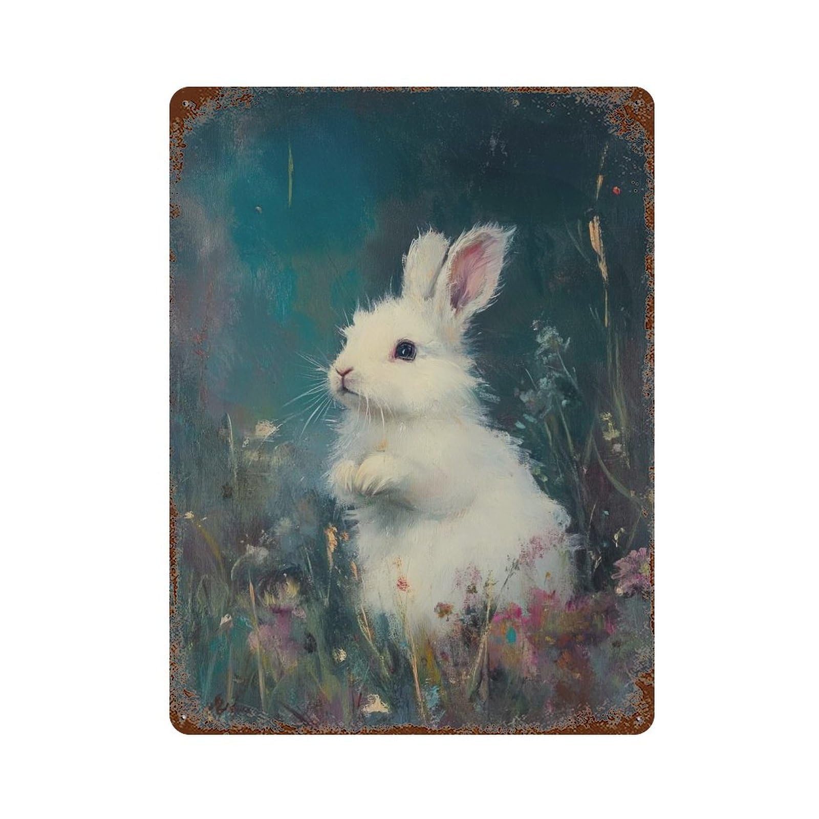 Vintage Rust Metal Sign with Cute White Rabbit Design 15.7"x11.8", for Farmhouse, Kitchen And Entryway Decor, Novelty Wall Decor