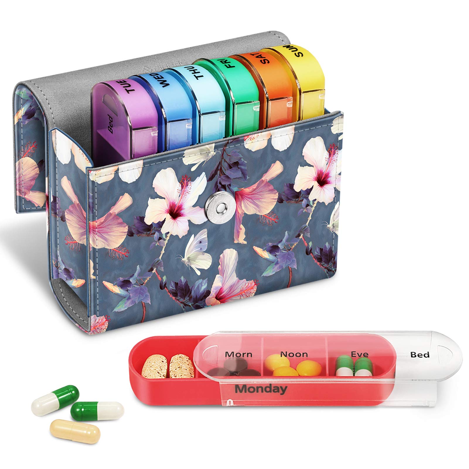 FINPAC Weekly Pill Organizers 4 Times A Day, Slide Open PU Leather Case Travel Pill Vitamin Medicine Reminder and Planner with Name Card for Morning| Afternoon| Evening| Bedtime (Blooming Hibiscus)