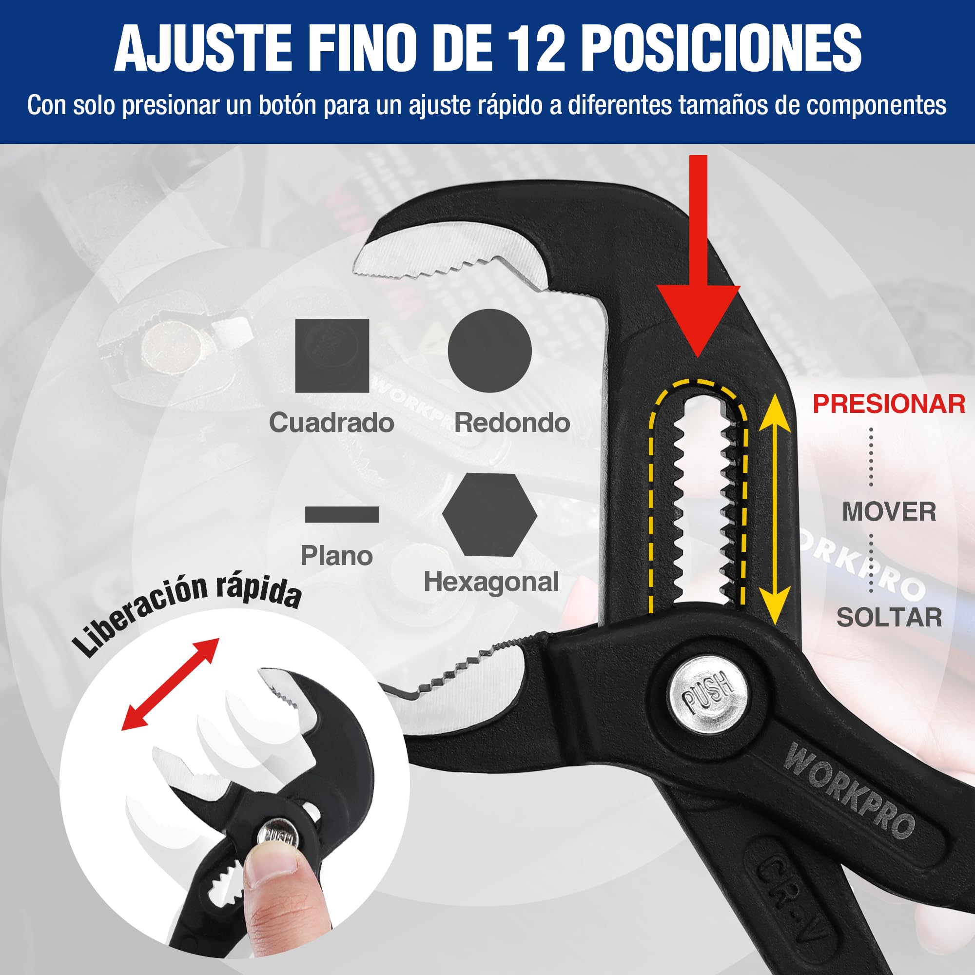 WORKPRO - Pinzas para bomba de agua de 180 mm y 250 mm, asas de manguera ajustables rápidas, conjunto de pinzas de junta deslizante con gran capacidad de mandíbula y mango antideslizante