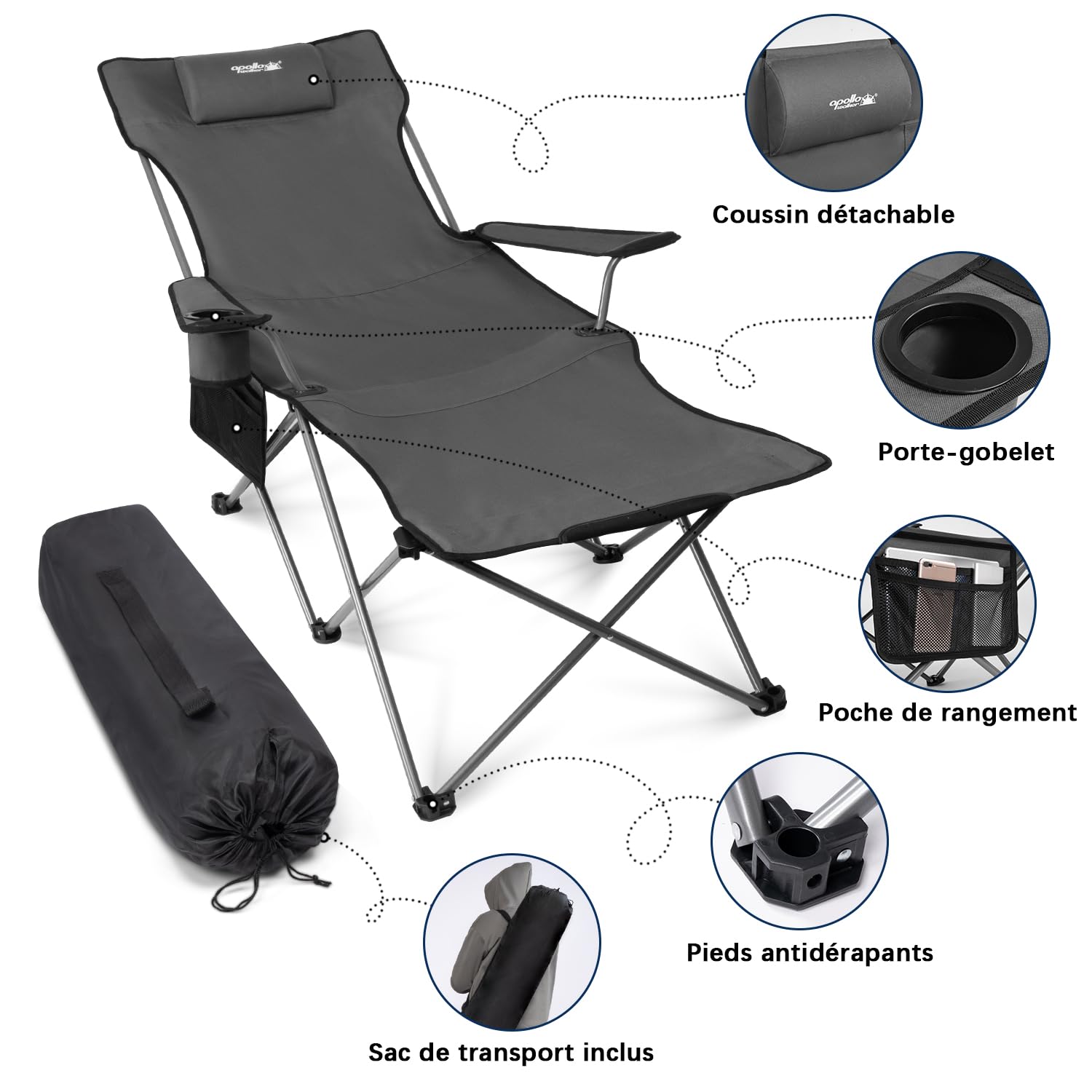 Apollo Walker Chaise de Camping Pliante en Plein Air - 120kg, Siège Portable avec Dossier Réglable, Porte-gobelet, Appui-tête et Sac - Gris