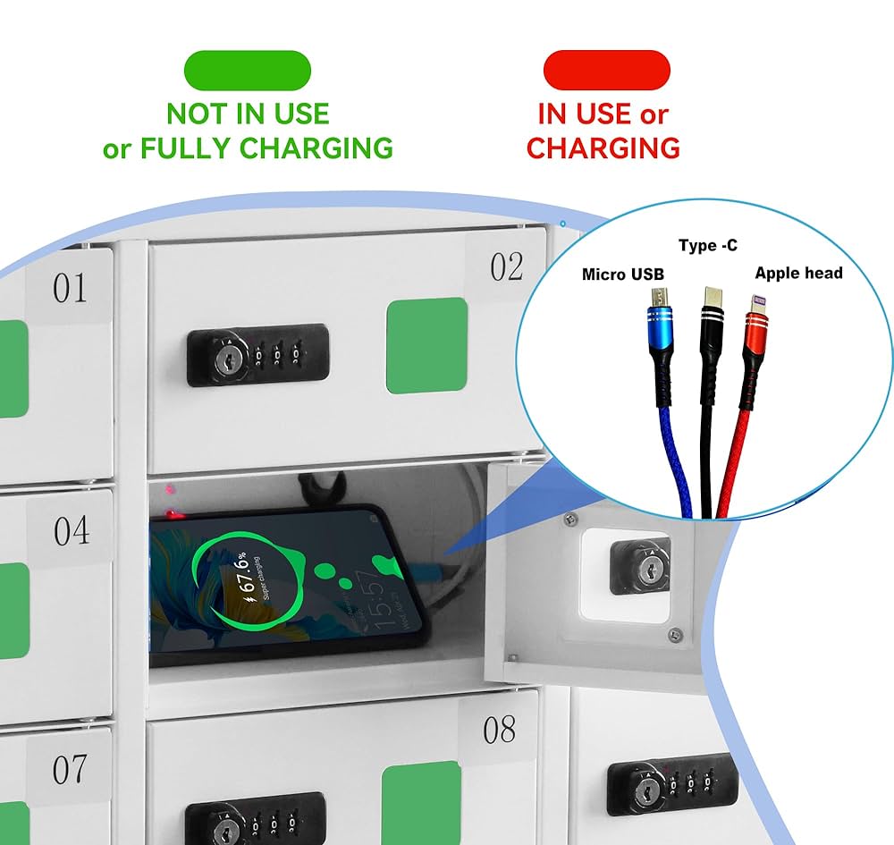 HETEPPTR Cell Phone Locker 9 Bays Cell Mobile Phone Steel Locker With Charger Charging Station Cabinet And Key Lock For Classroom And Employees