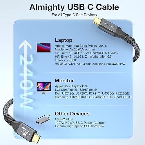 Miniatura 8 de Cable USB4 de 240 W, cable USB C a USB C de carga rápida compatible con Thunderbolt 43, compatible con transferencia de datos de 8K6K a 60Hz y