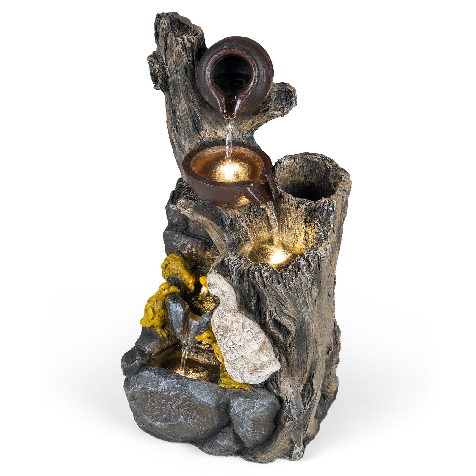 HOMASIS Gartenbrunnen, 57 cm Terrassenbrunnen mit LED-Beleuchtung | Springbrunnen wetterfest aus Kunstharz mit Pumpe, Wasserbrunnen mit Teekannen, Steinoptik & Enten für Garten & Terrasse