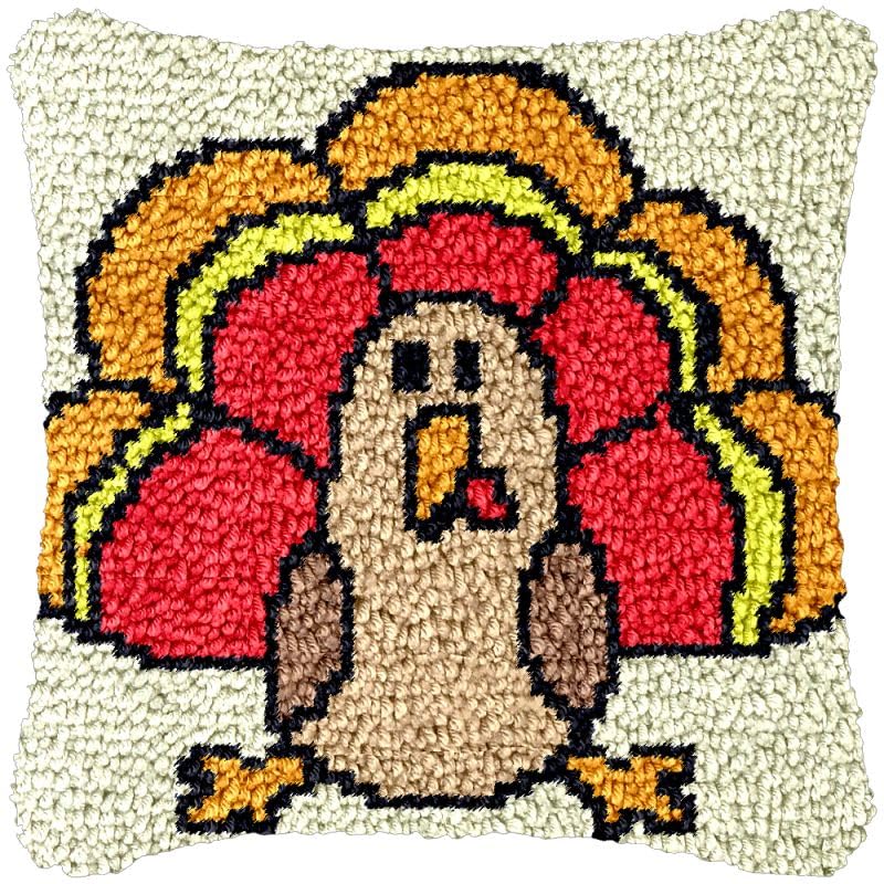 Cartoon Turkey Beginner Latch Hook Kits Pillow Making Sofa Cushion Cover Latch Hook Carpet Rug Acrylic Yarn,Pillowcase Craft Kits with Printed Canvas for Starter Kids Adults - 17 x 17 Inch