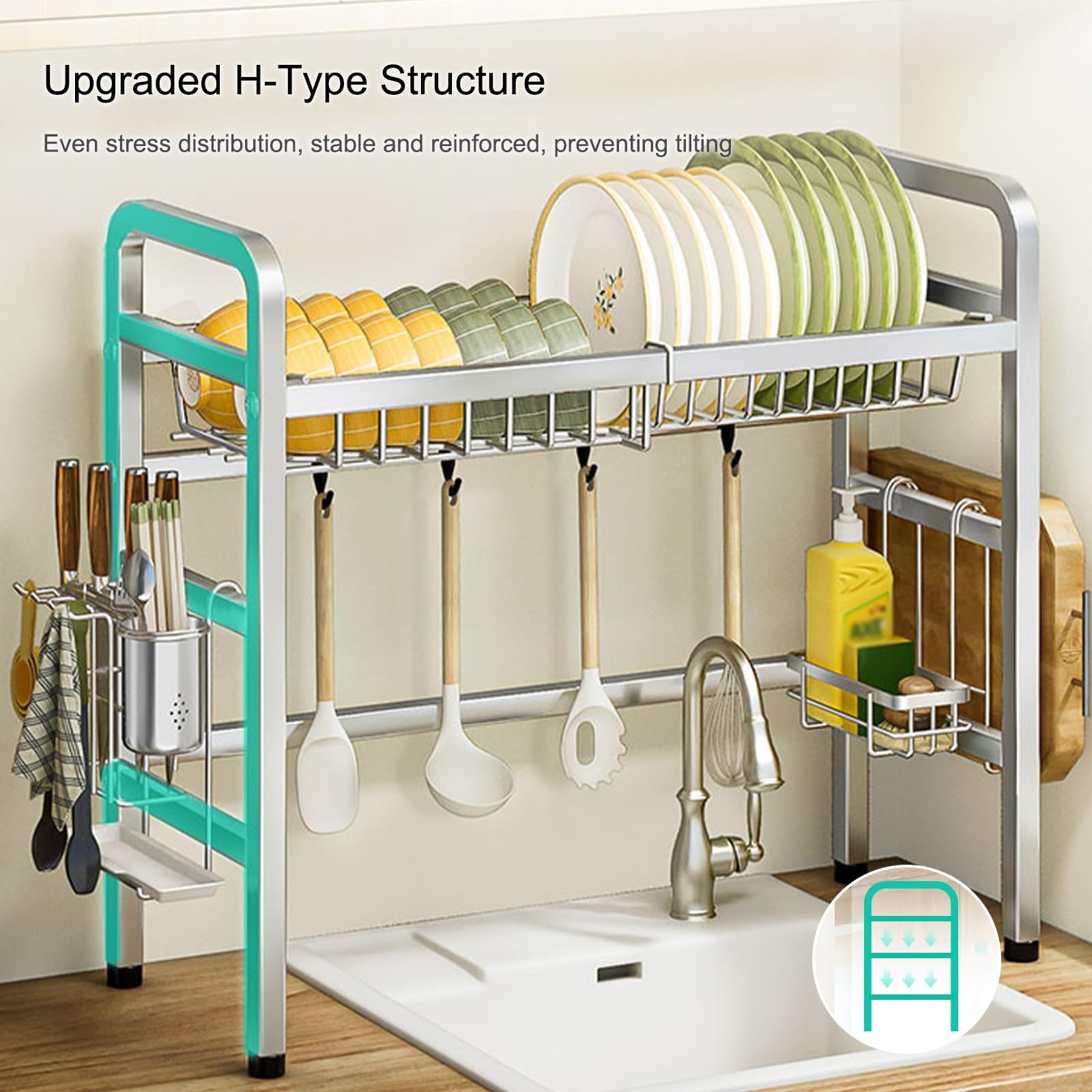 Abtropfgestell für Geschirr über der Spüle Abtropfgestell mit Besteck- und Küchenutensilienhaltern platzsparend für die Küchenarbeitsplatte Organizer über der Spüle (Silber 2 87 cm/34 3 Zoll)
