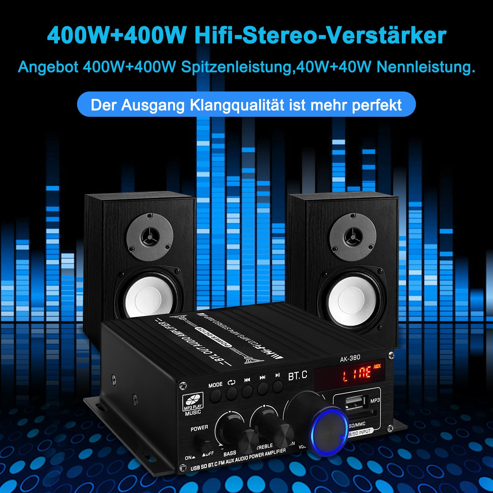 AK-380 Bluetooth 5.0 HiFi Verstärker 2.0-Kanal 40W x 2 Max. 400W Mini Verstärker Stereo Audio Leistungsverstärker-Empfänger mit USB SD Slot, UKW-Radio für Auto und Heimlautsprecher