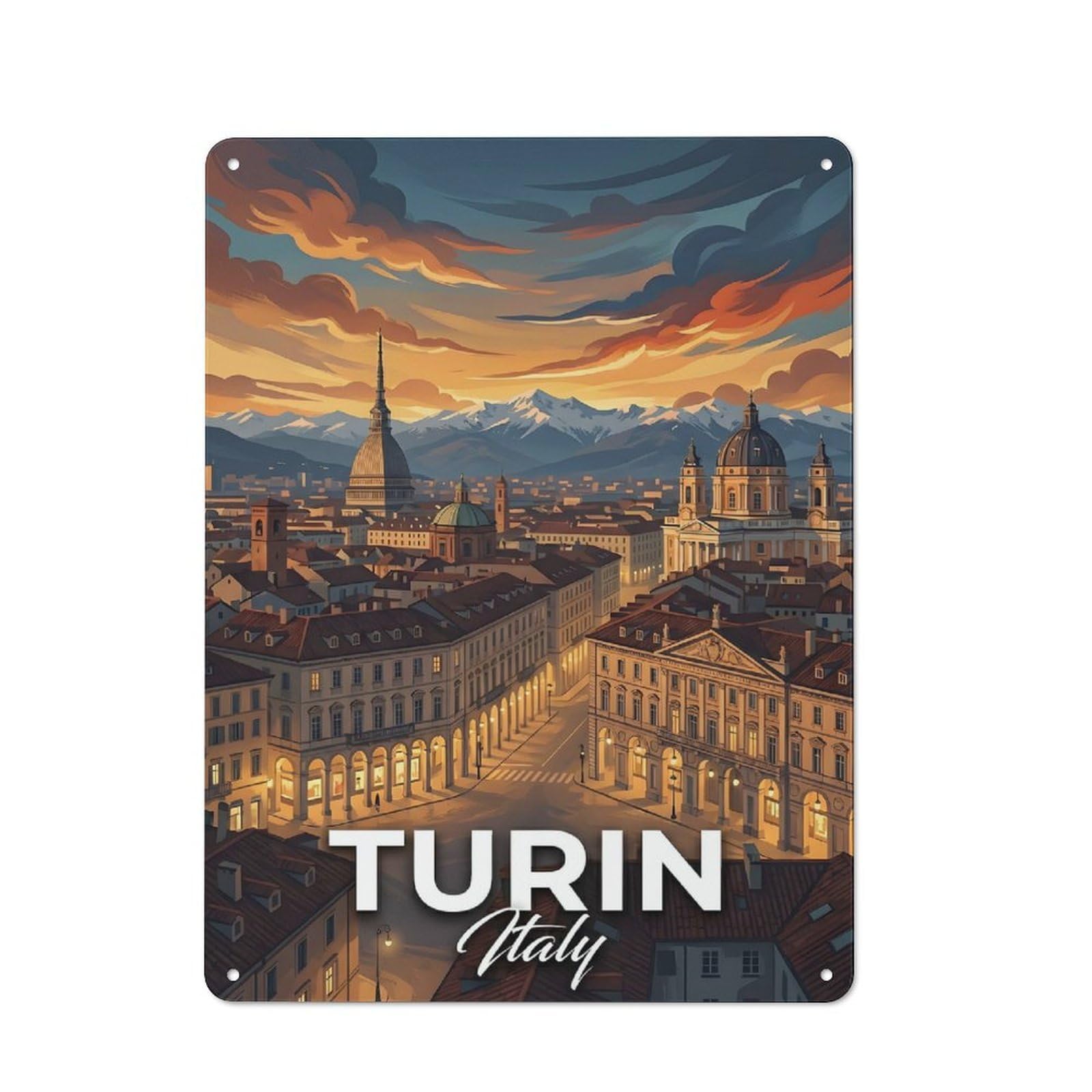 Junmoney Style-10 Metal Sign 40X30cm With Turin Italy Cityscape At Sunset For Hallway Wall, Retro Decor, Gift For Hallway Decor Lovers During The Christmas Season