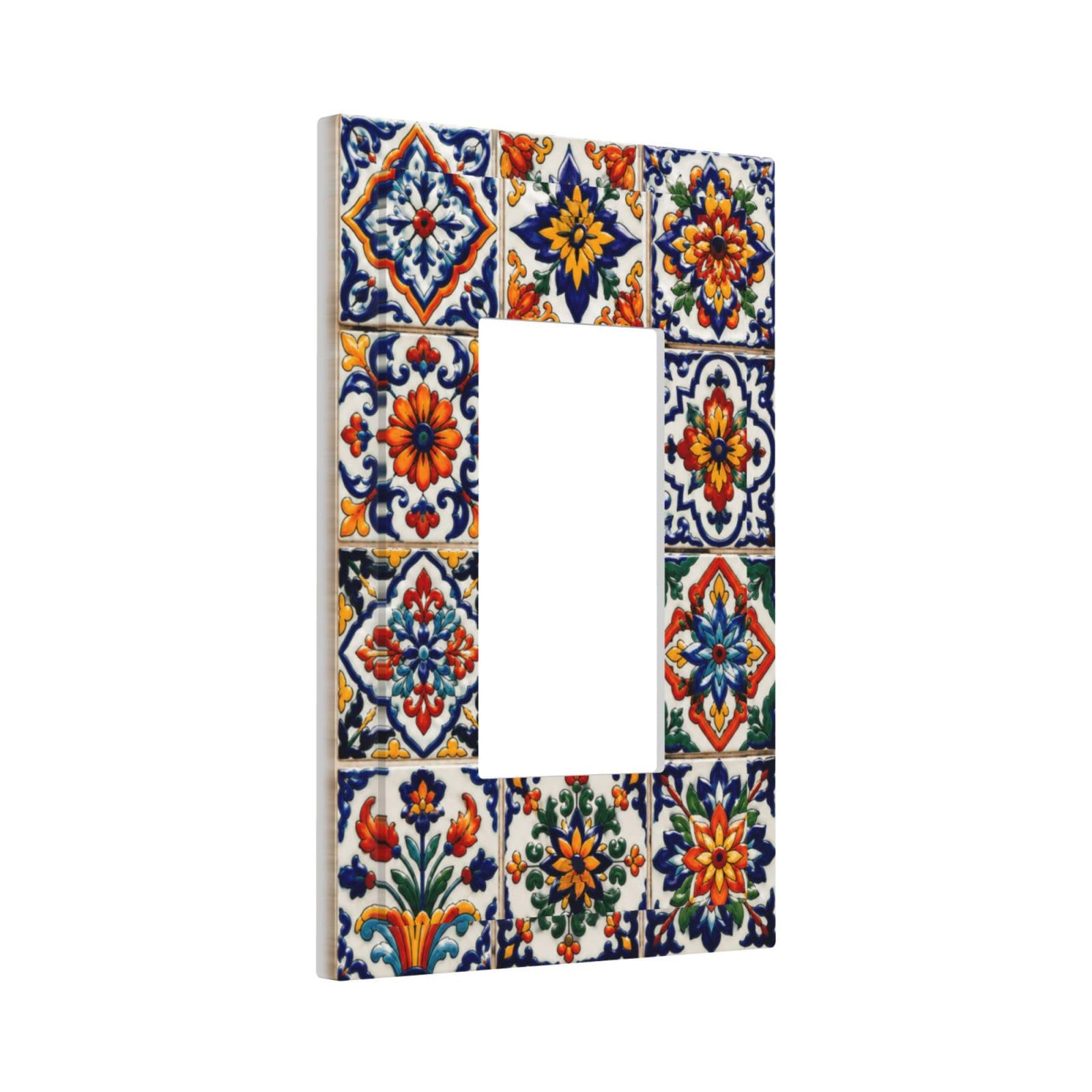 Thsanju Vintage Ceramic Talavera Outlet Covers Single Rocker Light Switch Covers Decorative Colorful Floral Geometric 1 Gang Gfci Wall Plate Electrical Receptacle Switchplate Faceplate for Home Decor
