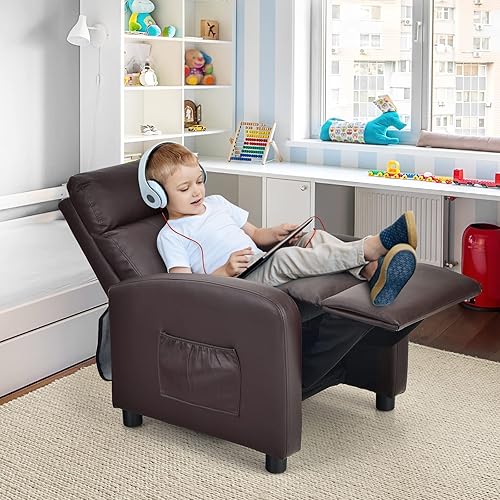 Miniatura 2 de HONEY JOY Silla reclinable para niños, silla de salón ajustable de piel sintética con bolsillos laterales, reposapiés, reposacabezas, sofá