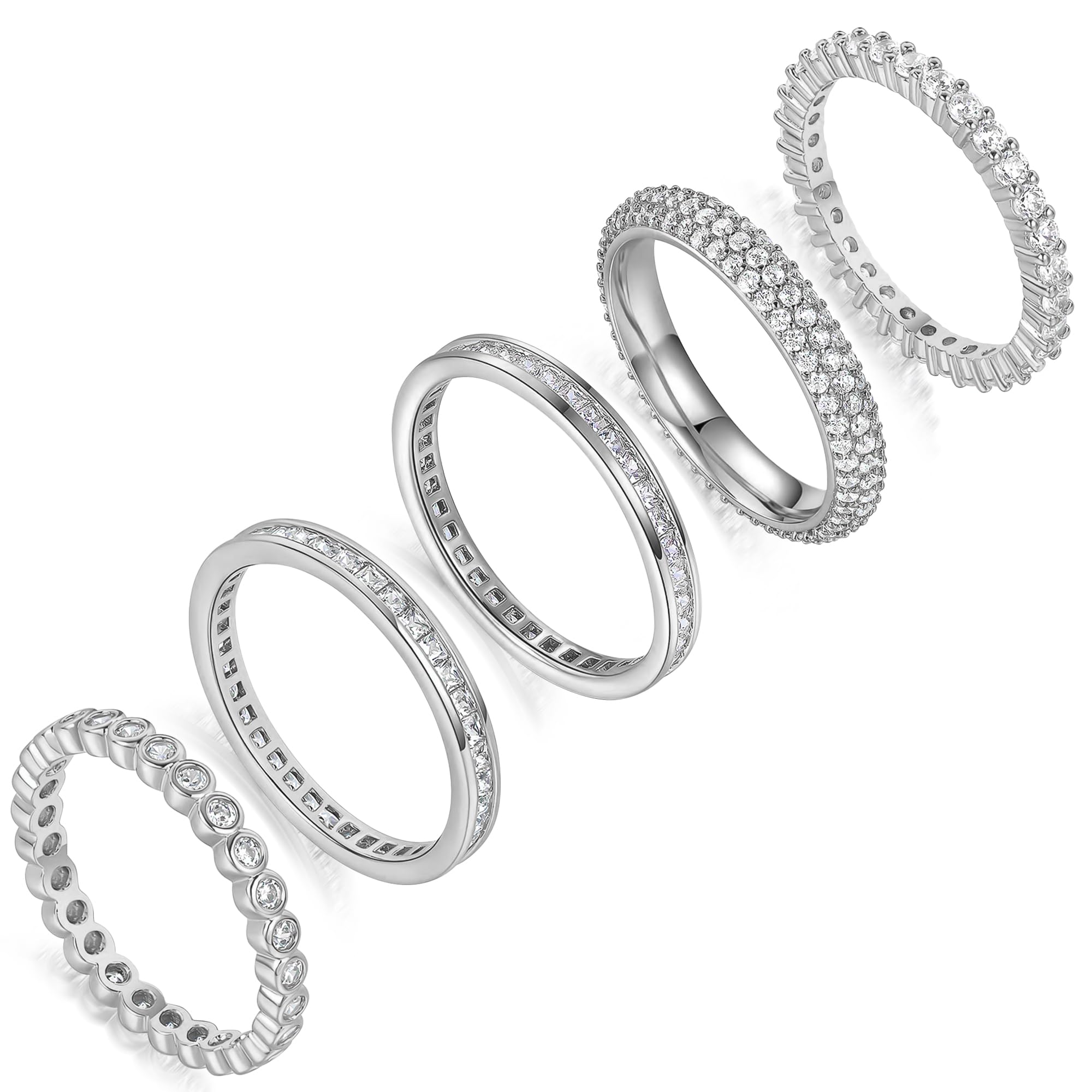 TIKJE 5 Rings Set For Women, 18K Rose Gold Plated Gold Rings - Bezel Round Cubic Zirconias Eternity Promise Engagement Wedding Band Ring, Gift For Her Size 5