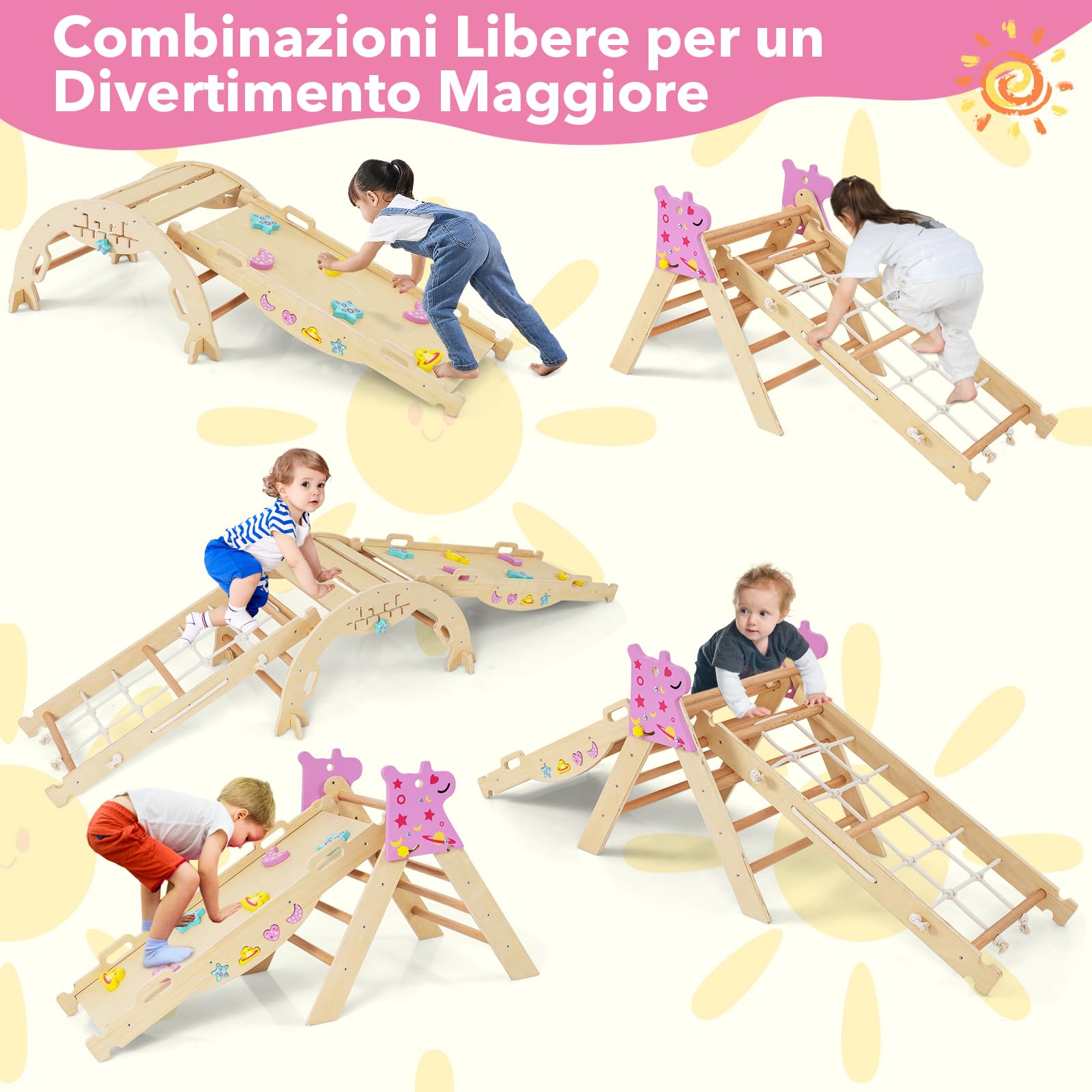 RELAX4LIFE Set da Arrampicata per Bambini, Triangolo di Arrampicata con Scivolo e Arco, Gioco di Incastri in Legno, Gioco Montessori per Bambini 1+ Anni
