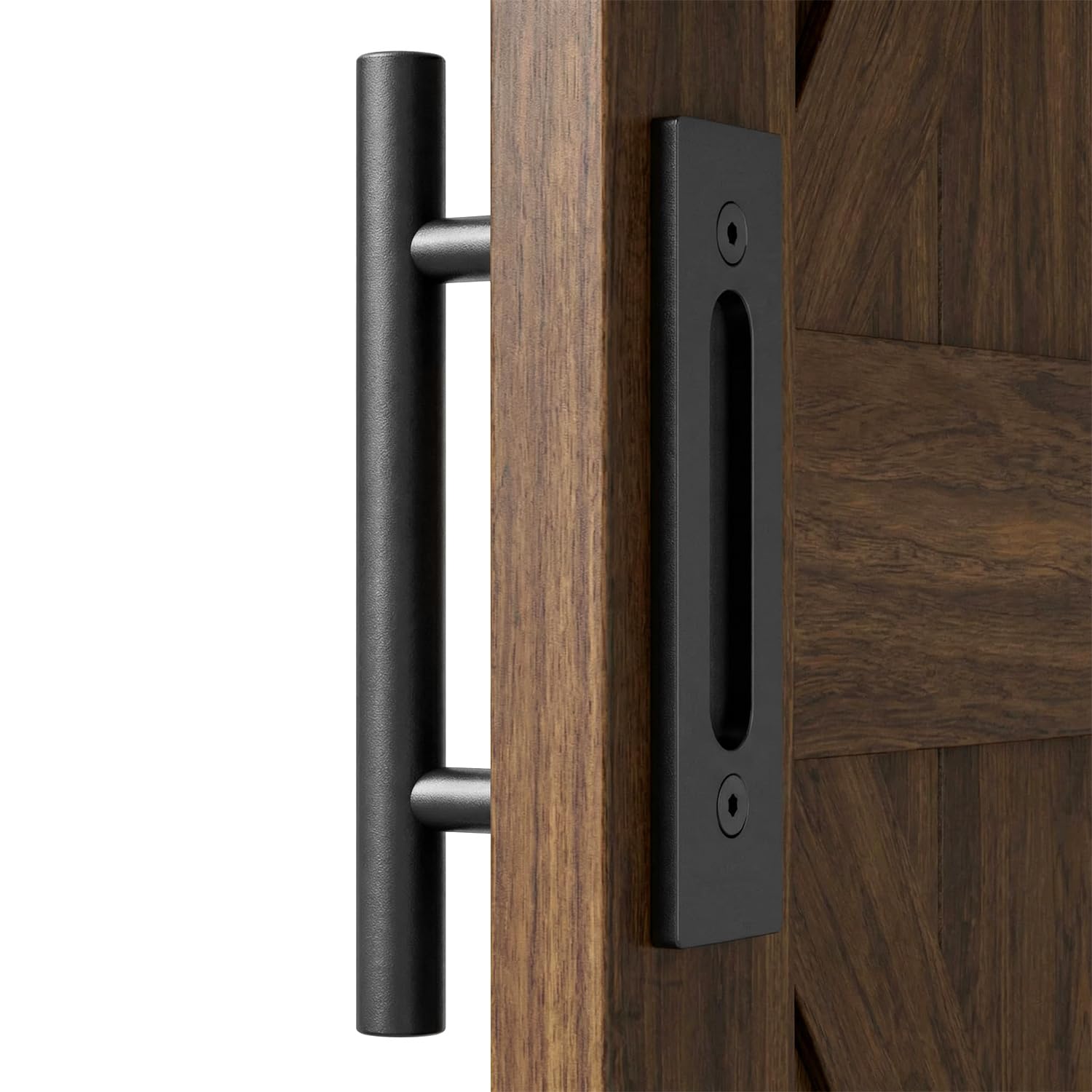 QWORK® Barn Door Handle Set 25cm – Heavy Duty Matte Black Double Sided Sliding Door Pull and Flush Recessed Handle for Internal Doors, Sheds & Garages