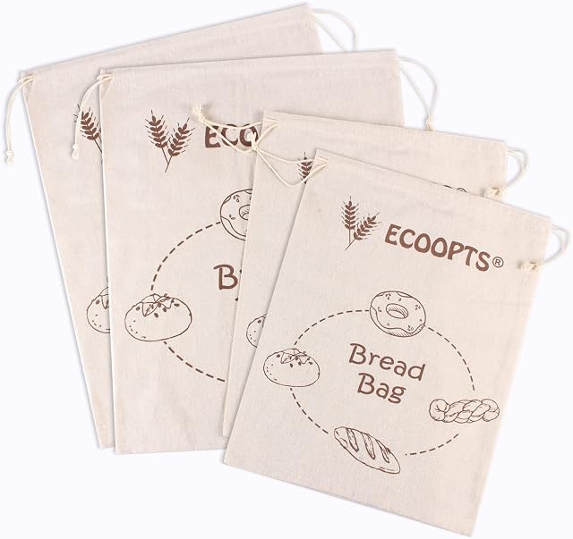 4Pcs Bread Bags for Homemade Bread | Reusable Bread Storage Bags | Linen Bread Food Bags | 2Pcs-15 x 19 inch and 2Pcs -11.8 x 15.8 inch (Cotton)