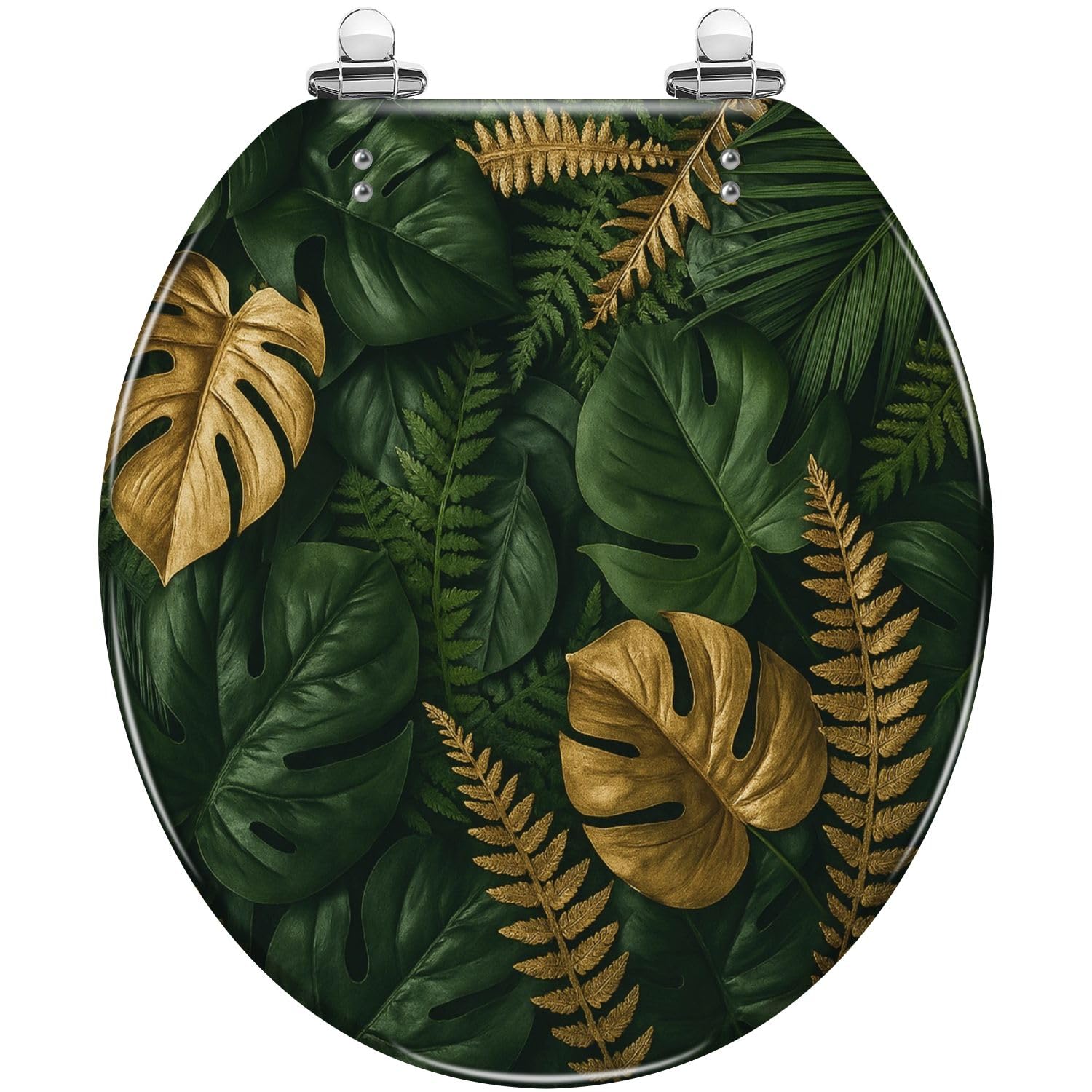 Tazyyzuu Multi6 Creative Gold Green Tropical Palm Leaves Resin Round Toilet Seat Slow Close Lid Quick-Release Hinge Easy Clean(,16.5X14.5)