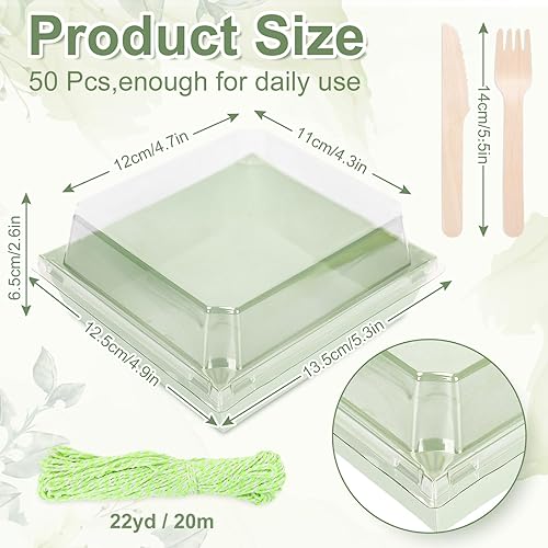 Miniatura 9 de Whaline 50 cajas pequeñas de embutidos con tapas transparentes, cajas de postre de papel kraft con tenedores y cuchillos, recipientes cuadrados