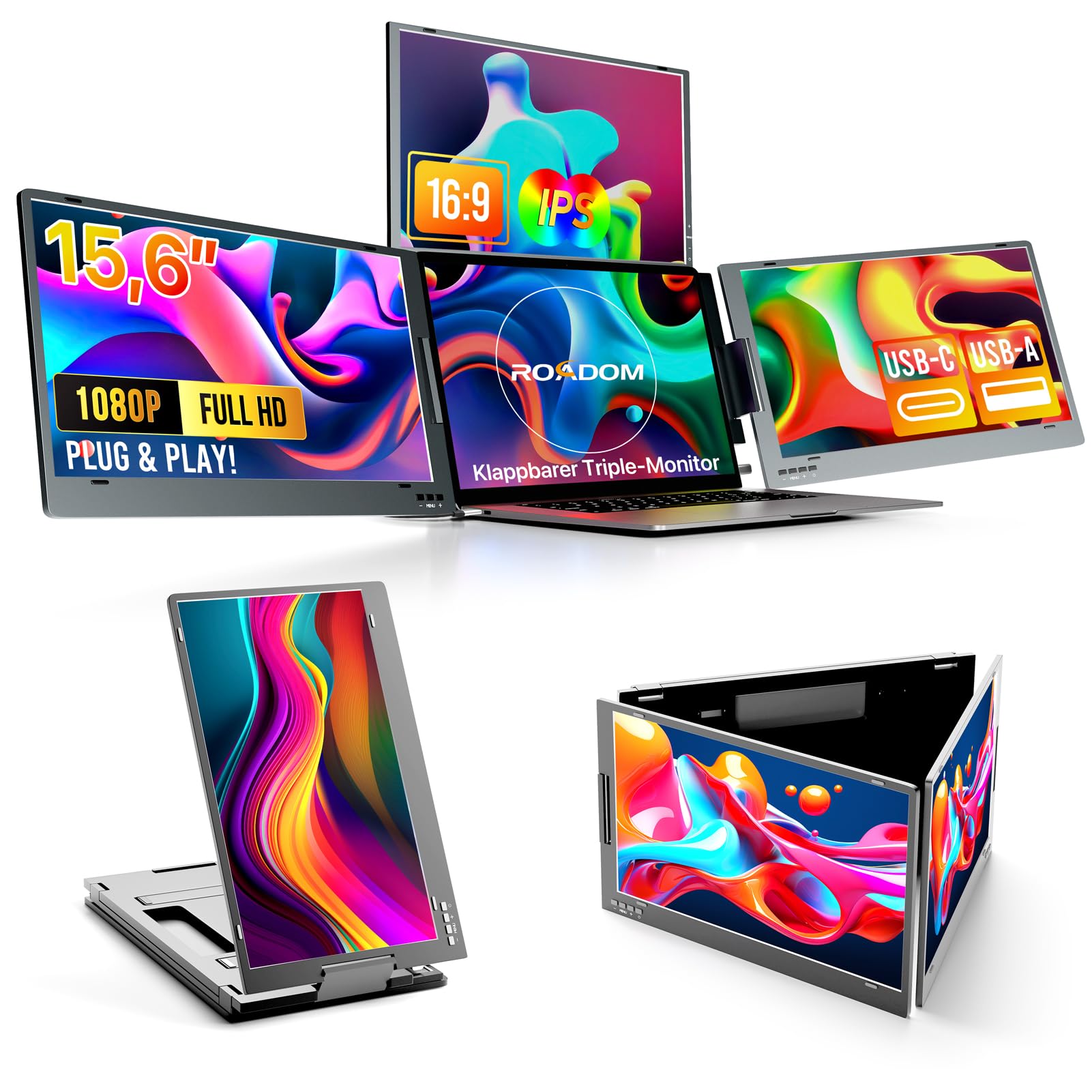 ROADOM 15,6 Zoll Triple-Monitor Tragbar – Metallgehäuse, 3/4-Bildschirm-Erweiterung, 360° Drehbar, Faltbar, Type-C & USB 2.0/3.0, 1080P FHD IPS, Windows/Mac/Android/Linux Kompatibel