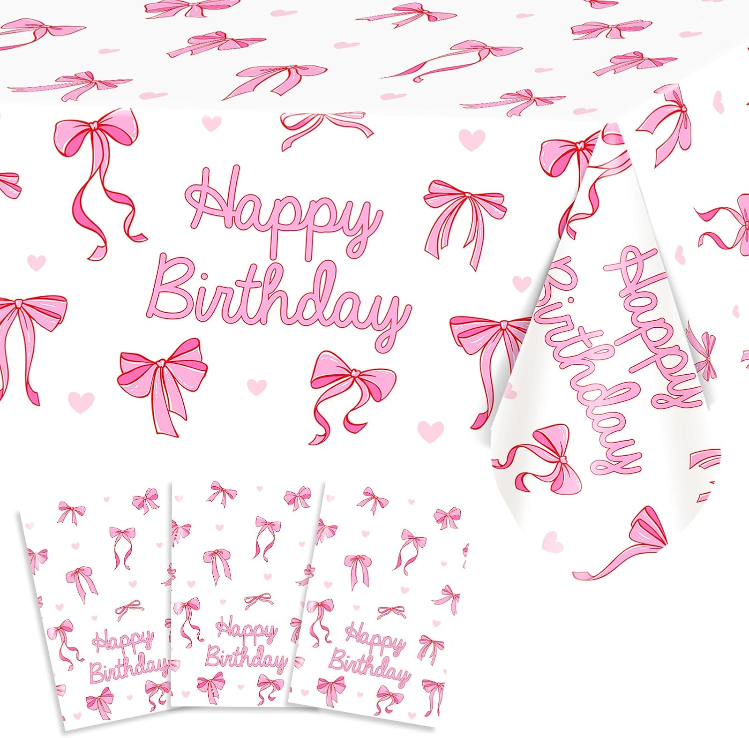 Avezano 3 Pcs Pink Bow Table Cloth Coquette Birthday Decorations Disposable Bow Tablecloth for Girls Birthday Party Decorations 108 x 54 Inch