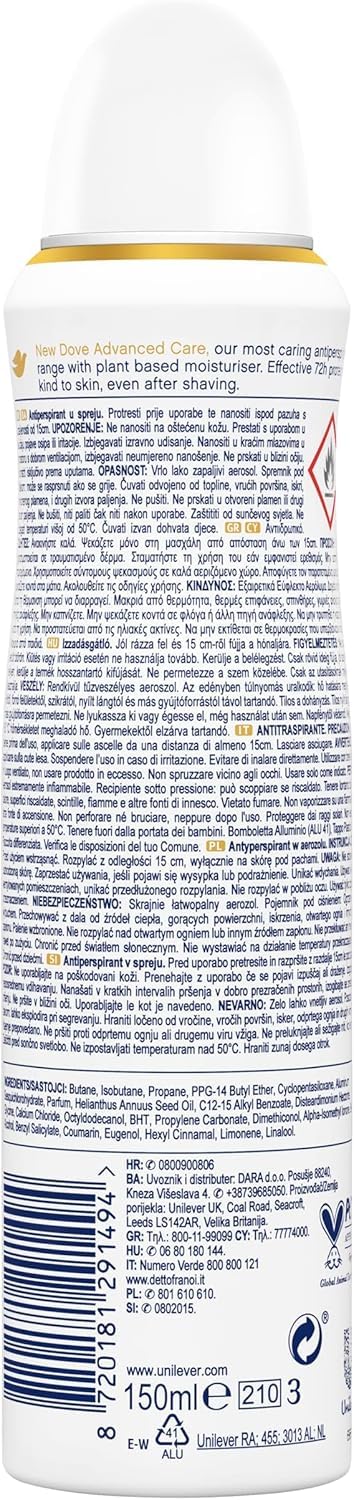 Dove Advanced Care Go Fresh - Desodorante en espray de flores de coco y jazmín, con fórmula hidratante y sensible, sin alcohol, 72 horas, 12 x 150 ml + Polpa italiana Gourmet 400 g
