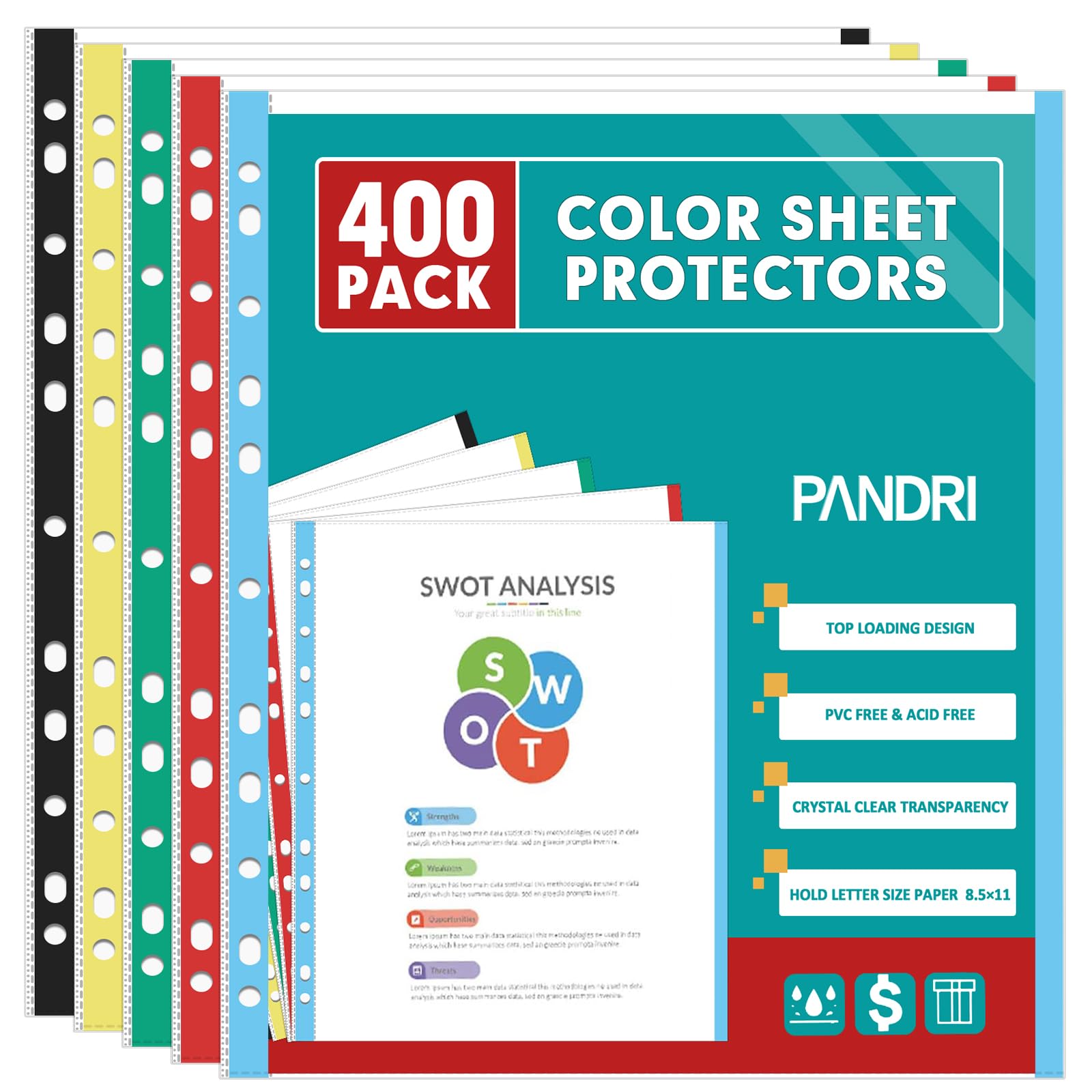 Sheet Protectors, PANDRI 400 Pack Color Heavy Duty Plastic Page Protectors Sheet Reinforced 11-Hole Fit for 3 Ring Binder Fits Standard 8.5 x 11 Paper
