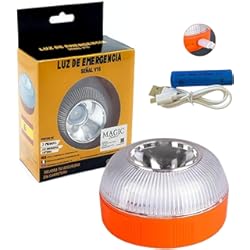 Luces Encendidas Coche MAGIC SELECT Luz de Emergencia V16 Homologada DGT para Señalización en Carretera de Coche y Moto. Luz Amarilla Intermitente y Blanca Fija con Encendido Automático, Base Imantada y Batería Recargable.