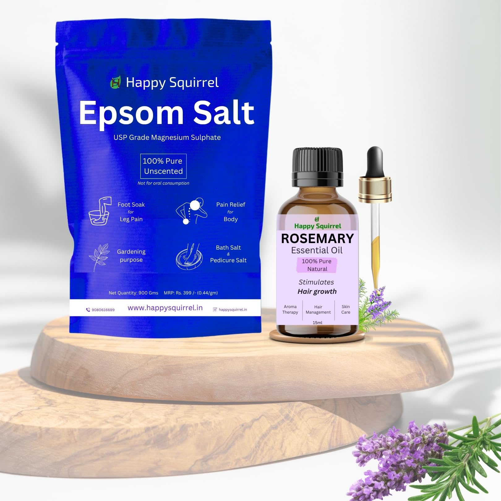 Happy Squirrel Bath Salt for Shower and Foot soak | Graded 100% Pure Epsom Salt | Used for Relaxation, Workout Recovery, Skin, Feet (275 Grams Bath Salt + 15 ml Essential Oil) (Rosemary)-image-19