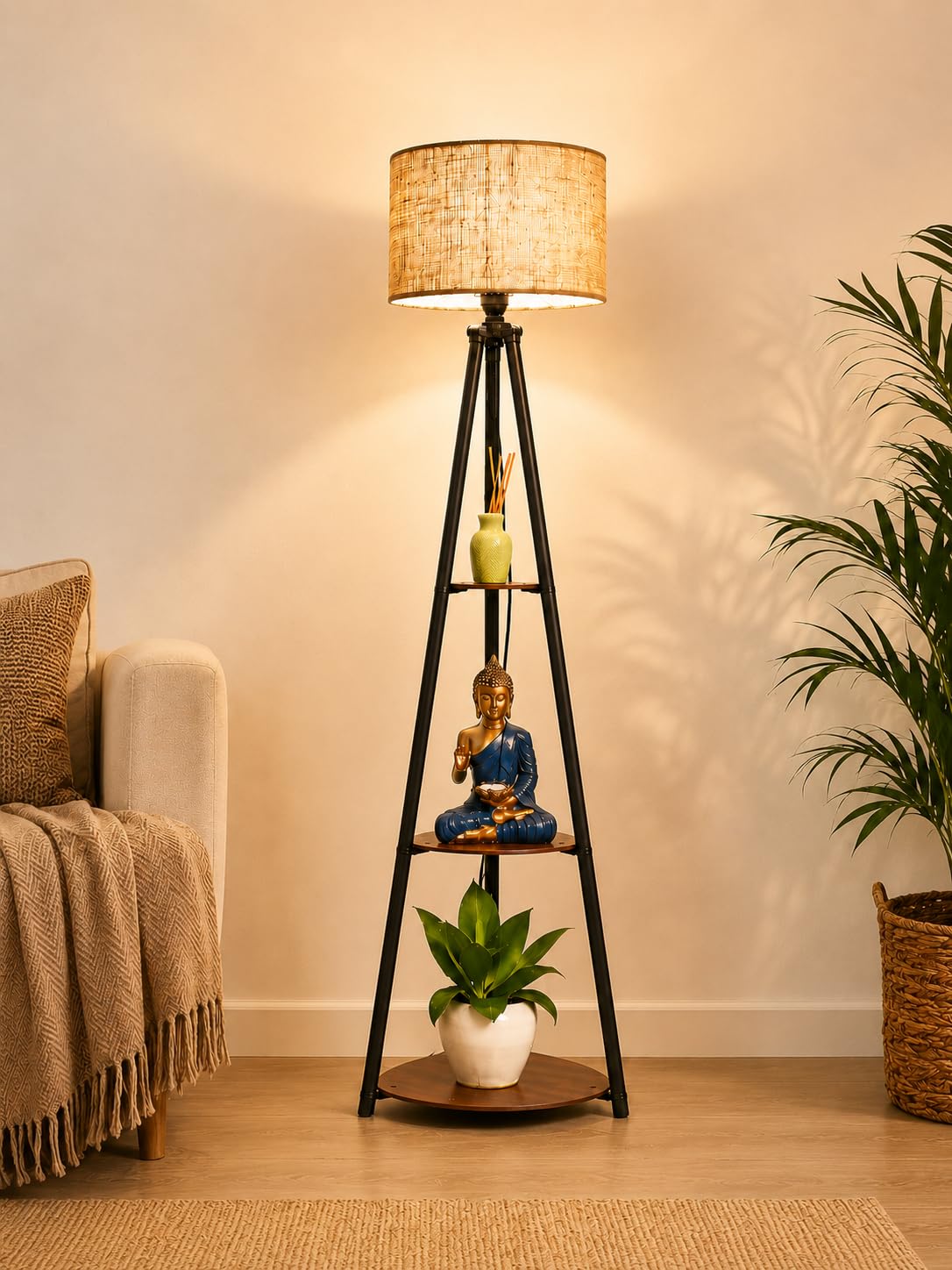 Crosscut furniture Metal Floor Lamp with 3 Shelves (Natural Jute)