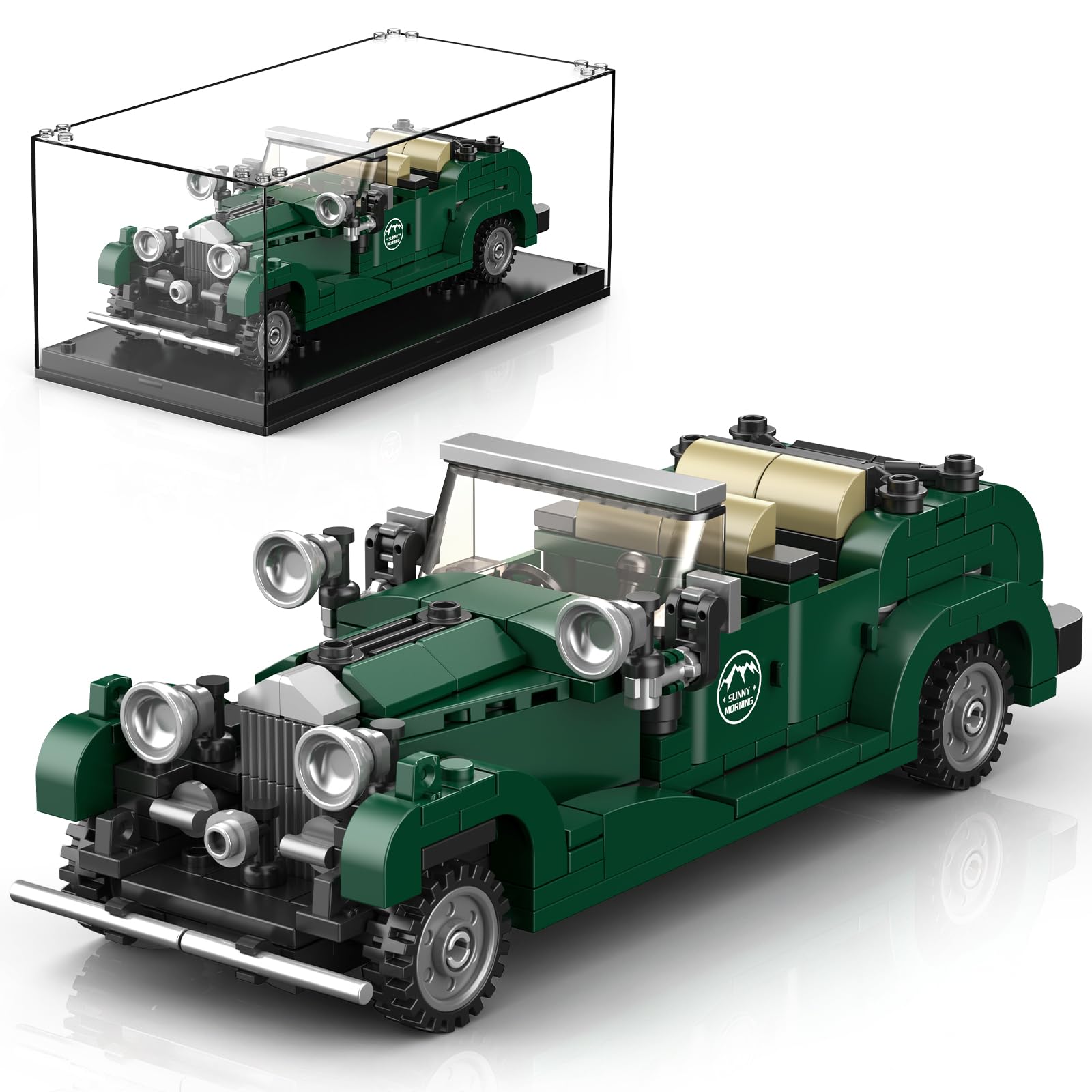 Mould King 27105 Vintage Car Building Sets, Classic Luxury Open-Top Roadster Model Building Block Kit, Retro British Green Car Toy for Boys, Teens & Adults (320+ Pcs)