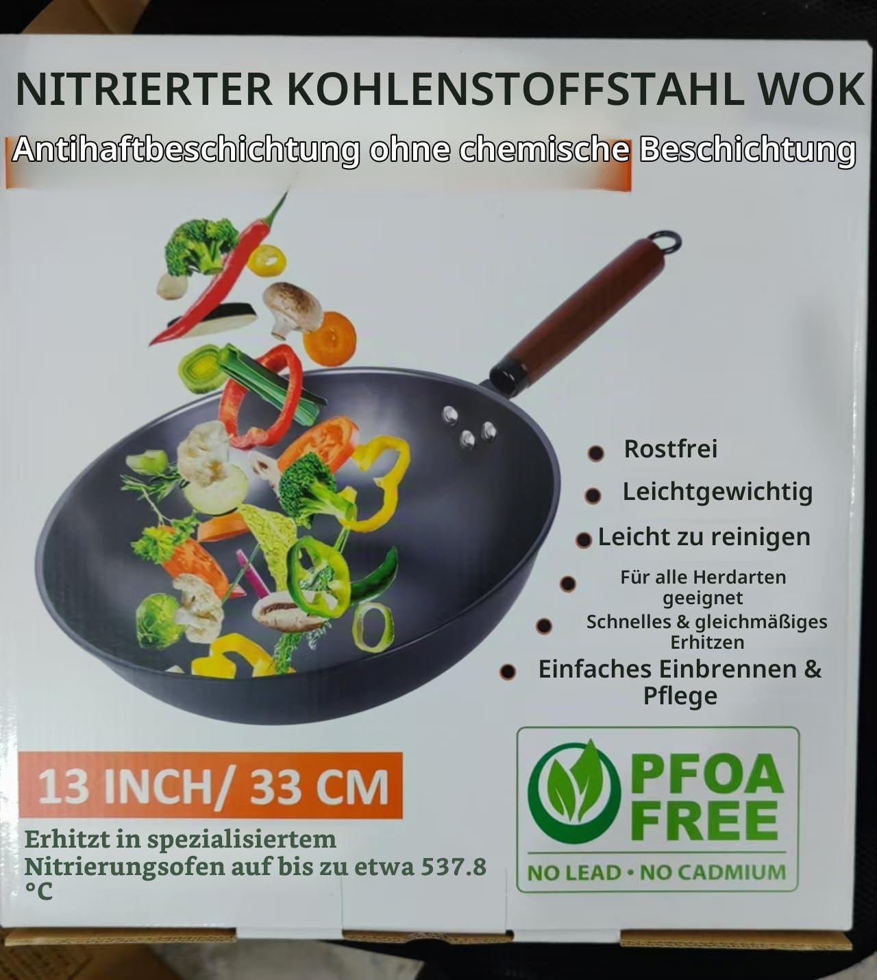 diig Wokpfanne mit Deckel, 33cm Wok Pfanne aus Karbonstahl zum Rühren und Braten mit Holzspatel, Wok aus Kohlenstoffstahl, nitrierter Antihaft-Chinesenwok mit flachem Boden für Induktion, WOK13-04