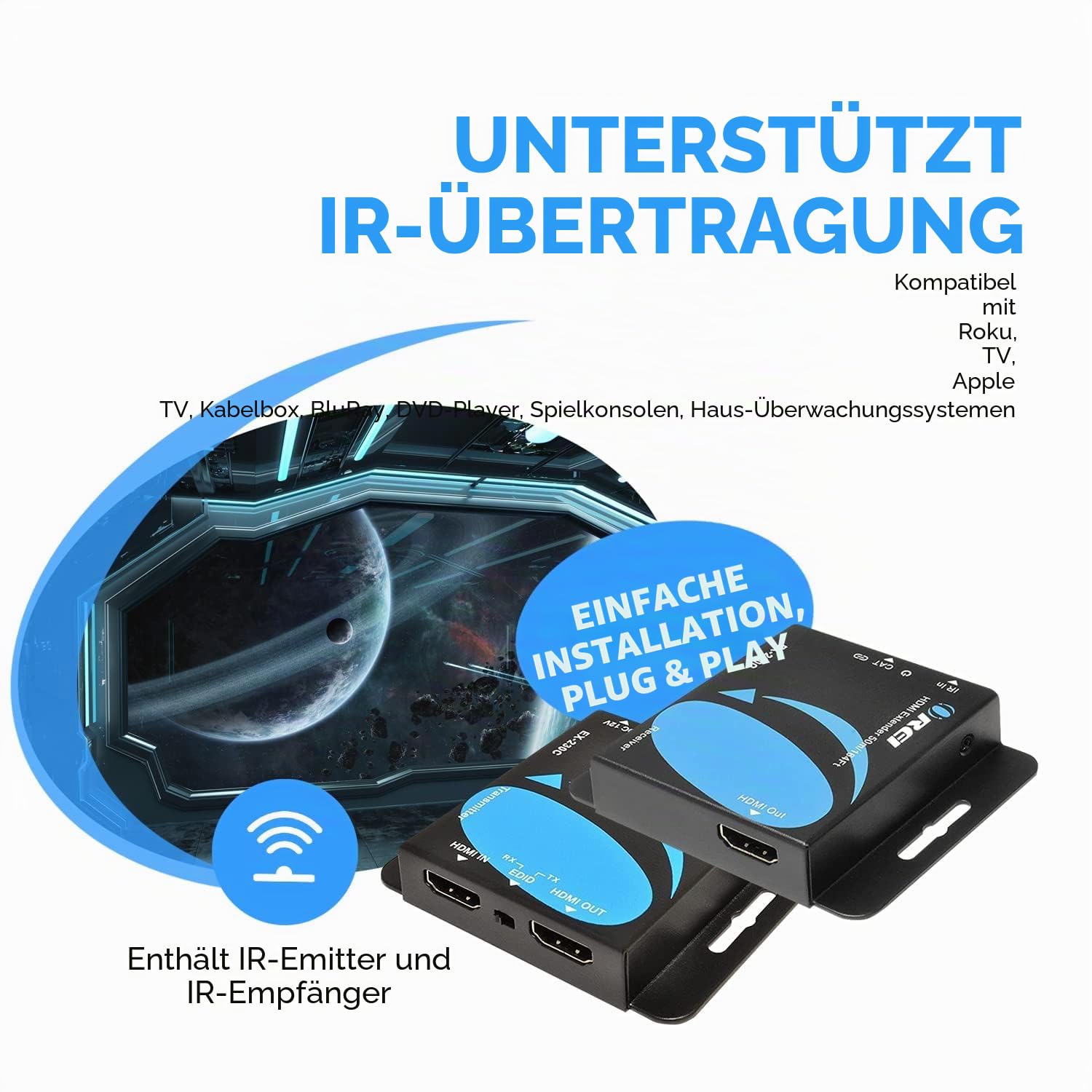 OREI 4K HDMI Over Ethernet CAT6/CAT7 Extender, Extender RJ45 4K @ 30Hz bis zu 130 Ft 1080P bis zu 230 FT Full HD POC Transmitter & Receiver IR Loop Out (EX-230C)