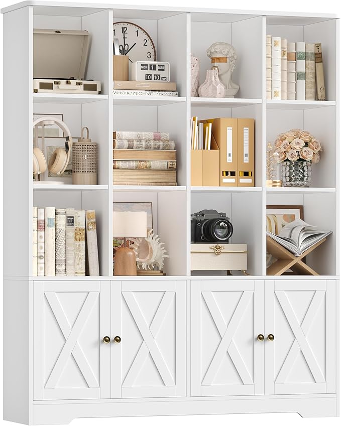 FirFurd 144.8 cm Bookcase with Doors, Bookcase with Doors, Living Room Bookcase, Living Room Showcase, Bookcase, Wood Storage Shelves, 4 Doors, 12 Compartments, White, 121 x 29.7 x 145 cm