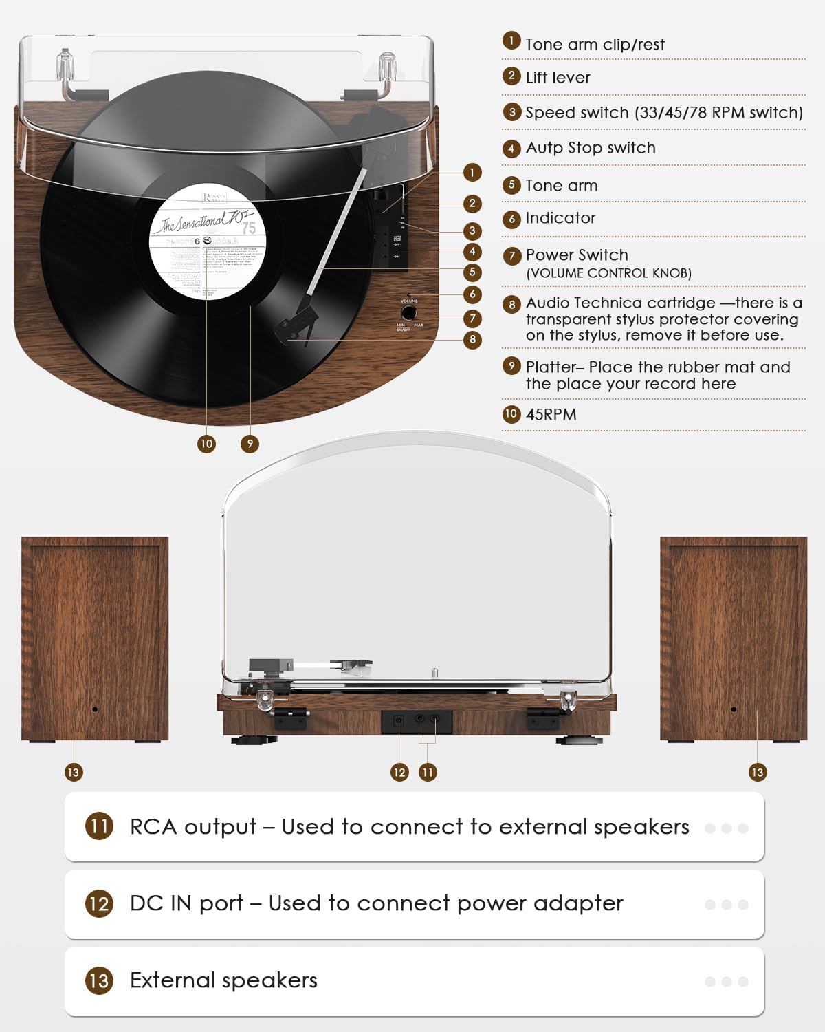 Giradischi con Doppi Altoparlanti Stereo Cartuccia AT-3600L Marrone | Trasmissione a Cinghia, Riproduzione Wireless, 3-Velocità 33/45/78 Giri, Uscita RCA, Vintage