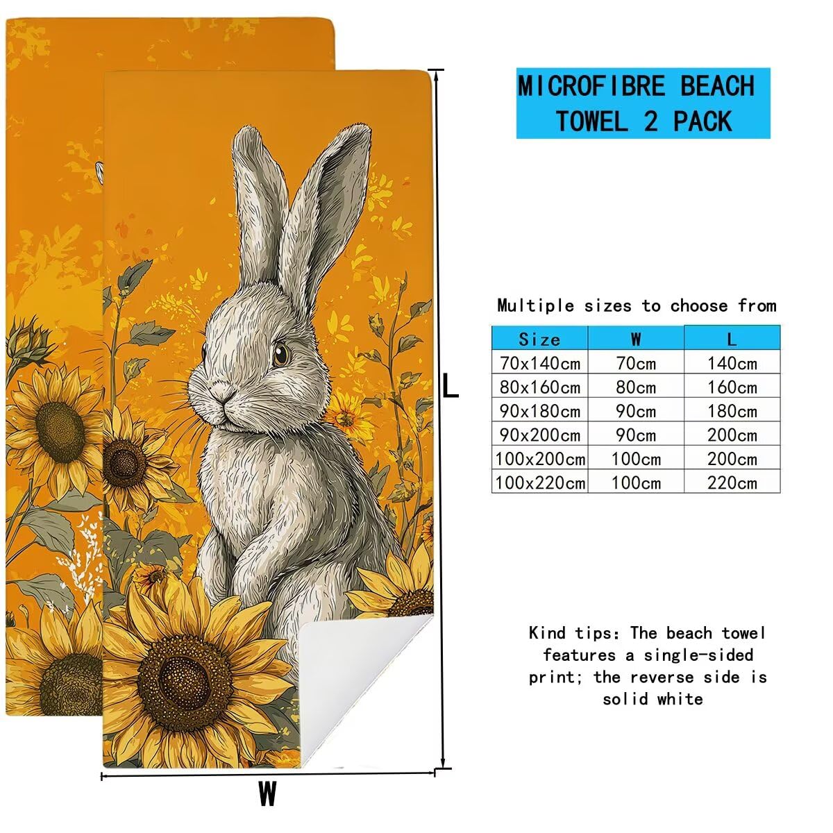 Telo Mare Microfibra, Telo Mare Grande 100x200cm 2 Pezzi, Asciugamano Palestra Donna Asciugatura Rapida, Antisabbia Asciugamano Microfibra, Leggero Asciugamani Palestra per Regalo (Coniglio) -4268