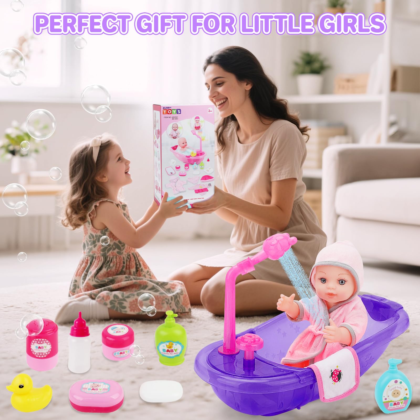 deAO Ensemble de Bain Poupon Jouet Avec Accessoires poupée bébé, Baignoire Jouet Pour Enfants Pour Enfants Pour Jeu de rôle Pour Enfant
